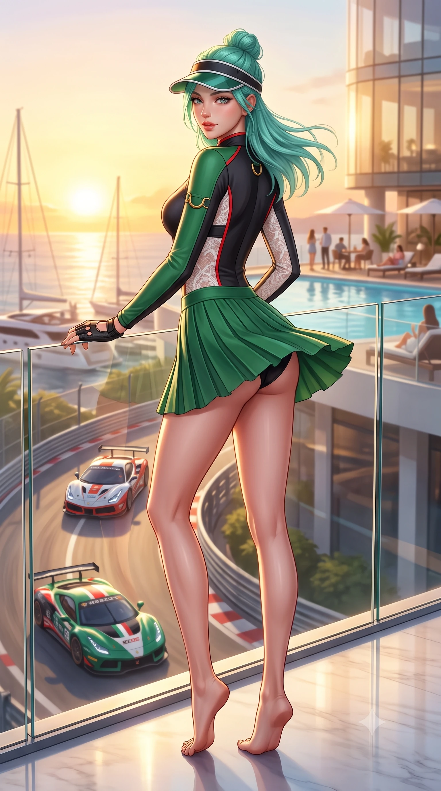 score_9, masterpiece, best quality, ultra-detailed, high-budget anime keyframe, semi-realistic 3D game render, editorial fashion photography, tasteful artistic composition, Japanese woman. low angle full-body shot from head to toe showing her feet, filling the entire 9:16 vertical frame with her statuesque presence, stretching her vertical silhouette. executing an athletic pivot turn as her pleated tennis skirt flutters around her slender legs, glancing over her shoulder with an intoxicating, teasing bedroom-gaze while leaning against the glass balustrade with hips cocked back, looking over a bare shoulder toward roaring supercars navigating the turn below. The background shows a soft-focus chic rooftop pool patrons and luxury yacht masts softened in legendary Monaco Grand Prix shallow focus. She has an absolutely perfect, statuesque 8.5-heads proportion, an exceptionally tall and slender model-like female figure with impossibly long slender legs, an ultra-slim waist, a flat toned midriff, narrow delicate ribcage, and beautifully sculpted feminine hips creating a graceful, slim hourglass silhouette without any bulky heaviness. sharp v-shaped jawline, high-bridge nose, sparkling eyes with athletic focus and depth, thick curled eyelashes, glossy parted lips with a natural coral-peach sheen, bright confident and coquettish smile with alluring bedroom-eyes, exuding both youthful sporty vigor and sovereign high-society glamour, flawlessly proportioned anatomical accuracy, strict slender model proportions, natural body alignment, perfectly sculpted long slender limbs, ultra-slim waistline, clean dynamic posture without body distortion. wearing a high-performance speeder racing suit in matte black and Wimbledon green with gold hardware rings in Scuderia racing red and pure alabaster white, crafted from sheer delicate stretch lace reinforced with technical sport threads, accented with a sporty retro tennis visor and fingerless leather driving gloves, the glove-like aerodynamic silhouette tightly following the natural contour of her hips and long slender legs with youthful 8.5-heads elegance. bathed in molten golden hour sunset light reflecting off the Mediterranean Sea and hotel glass. highly saturated vibrant anime colors, detailed shading with soft gradients, rich glossy textures, high-contrast stereoscopic depth, volumetric dynamic lighting, master piece, 9:16 ratio