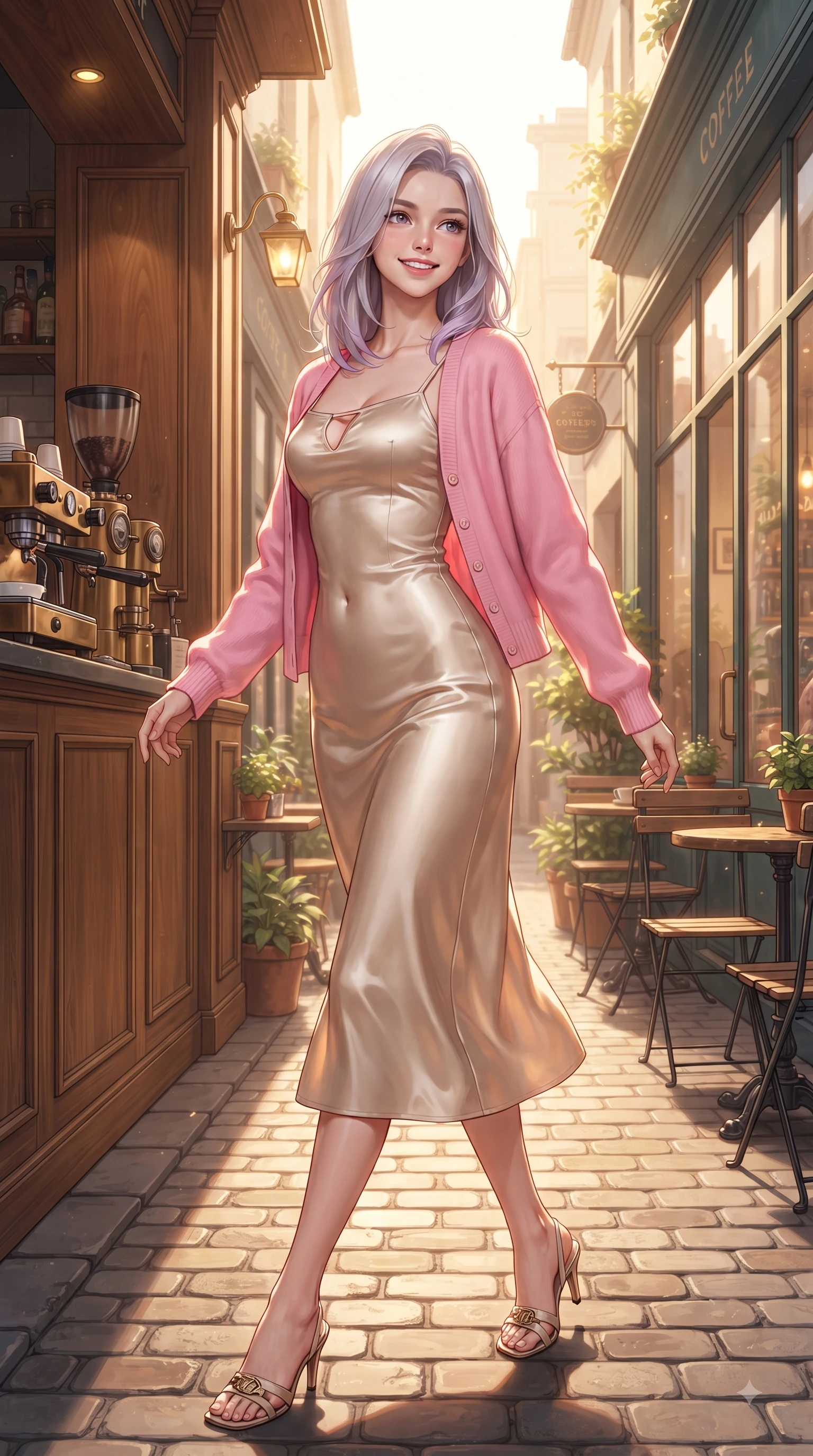 score_9, masterpiece, best quality, ultra-detailed, high-budget anime keyframe, editorial fashion photography, tasteful artistic composition, Caucasian woman. low angle full-body shot from head to toe showing her feet, filling the entire 9:16 vertical frame with her statuesque presence, stretching her vertical silhouette. pivoting dynamically with a fresh infectious smile, her ultra-slim waist creating a sweeping fluid curve while stepping along a quiet alley lined with artisanal coffee shops under warm sunlight. The surrounding environment is rendered in vivid detail and crisp panoramic clarity. rich oak wood wall paneling, brass coffee machines, and glass window views in sharp resolution. She has an absolutely perfect, statuesque 8.5-heads proportion, an exceptionally tall and slender model-like female figure with impossibly long slender legs and an ultra-slim waist. sharp v-shaped jawline, high-bridge nose, intricate jewel-like eyes with depth, thick eyelashes, glossy lips with a natural sheen, flawlessly proportioned anatomical accuracy, natural body alignment, perfectly sculpted elegant limbs, clean dynamic posture without body distortion. wearing a glossy satin slip dress layered under a soft cashmere cardigan in bright cherry blossom pink and champagne, made of premium stretch jersey that follows her curves like a glove, accented with a Tasteful chest slit framing her clavicle gracefully, the sleek second-skin texture accentuating her magnetic presence. bathed in warm golden sunlight streaming through clean glass cafe windows. ultra-reflective glossy finish, specular highlights, metallic sheen, high-contrast stereoscopic depth, volumetric dynamic lighting, 2k, ultra detail, master piece, 9:16 ratio