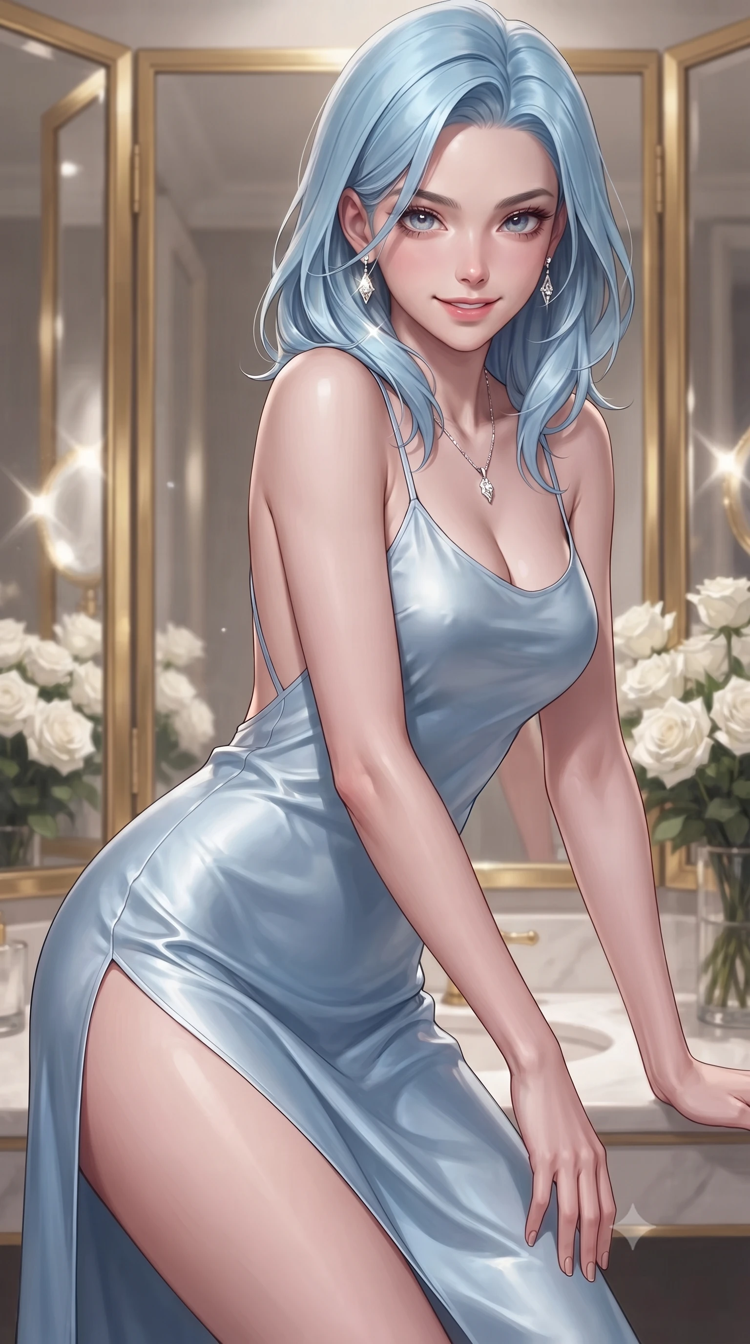 score_9, masterpiece, best quality, ultra-detailed, high-budget anime keyframe, editorial fashion photography, tasteful artistic composition, Korean woman woman. close-up cowboy shot from the waist and thighs up, the character dominates the composition, filling the frame with her large presence, background elements kept in soft focus. leaning slightly forward with a playful, teasing smile, her gaze locked onto the viewer the background shows a soft-focus a corner of a luxury hotel suite with gold-trimmed mirrors and white roses. She has an exceptionally elegant, slender, and willowy female figure with an ultra-slim waist, a gracefully sculpted slender torso, and a refined silhouette. sharp v-shaped jawline, high-bridge nose, intricate jewel-like eyes with depth, thick eyelashes, glossy lips with a natural sheen. wearing a slim-fit lightweight silk slip dress in baby blue with a high side slit and a low-cut back. soft spotlighting highlighting the silk textures of her gown. ultra-reflective glossy finish, specular highlights, metallic sheen, high-contrast stereoscopic depth, volumetric dynamic lighting, 2k, ultra detail, master piece, 9:16 ratio