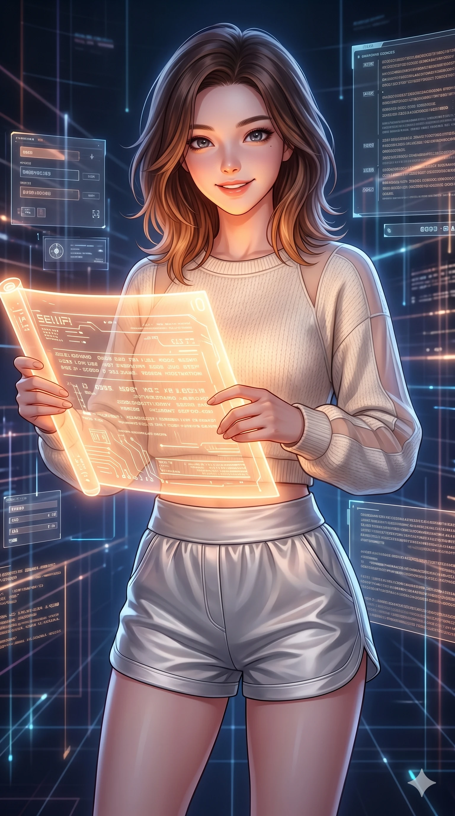 score_9, masterpiece, best quality, ultra-detailed, high-budget anime keyframe, Korean woman. Upper body close-up from the thighs up, character filling the screen for maximum presence. Inside a digital void, reading a glowing digital scroll, holding the scroll, looking towards the camera with a warm, friendly expression. She is wearing a comfortable cropped sweater with sheer panels and silver shorts. The scene is lit by the warm orange glow of the digital scroll. 2k, ultra detail, master piece, 9:16 ratio