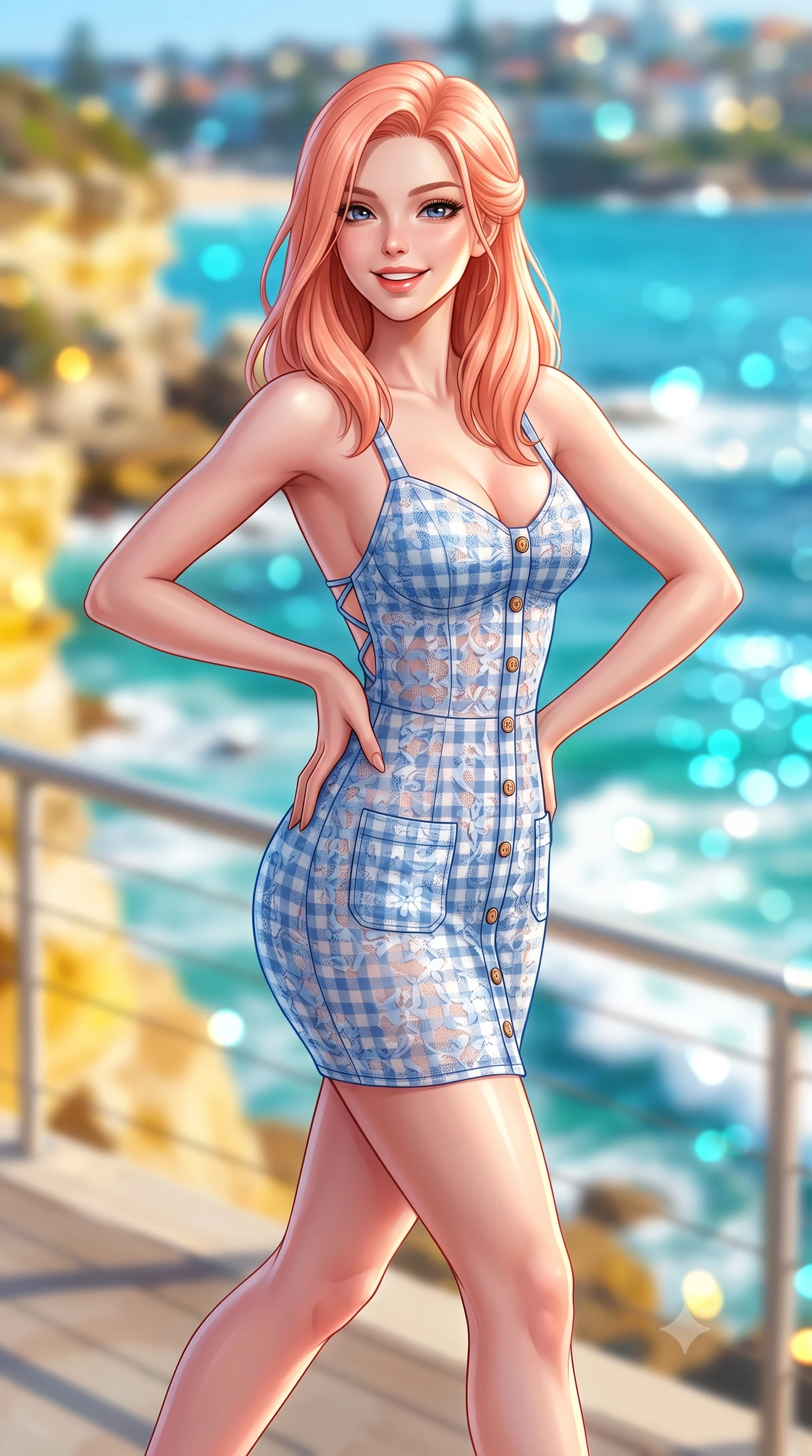 score_9, masterpiece, best quality, ultra-detailed, high-budget anime keyframe, semi-realistic 3D game render, editorial fashion photography, tasteful artistic composition, Japanese woman. close-up cowboy shot from the waist and thighs up, the character dominates the composition, filling the frame with her large presence. twisting her slender torso in an alluring contrapposto stance, one hand resting on her sculpted hip while flashing a radiant, playful smile with parted glossy lips while striding along the elevated coastal walkway overlooking the famous turquoise ocean pool, arching her back with an infectious, sun-kissed smile. The composition keeps background elements in soft focus with dreamy creamy bokeh. glittering turquoise Bondi ocean waters, white breaking surf, and yellow sandstone cliffs blurred into cyan, sapphire, and gold bokeh. She has an exceptionally elegant, slender, and willowy female figure with an ultra-slim waist, flat toned midriff, narrow ribcage, and sculpted feminine hips creating an alluring, slim hourglass silhouette without bulk. sharp v-shaped jawline, high-bridge nose, intricate jewel-like sparkling eyes with depth, thick eyelashes, glossy parted lips with a natural peach sheen, bright cheerful beaming smile with an enchanting and coquettish sensual glint, exuding both youthful cute charm and seductive allure, flawlessly proportioned anatomical accuracy, strict slender model proportions, natural body alignment, perfectly sculpted long slender limbs, ultra-slim waistline, clean dynamic posture without body distortion. wearing a backless lace-up gingham sundress with a form-fitting bodice and hip-defining silhouette in soft baby blue and crisp cloud white, made of sheer contouring stretch lace with delicate floral patterns, finished with neat front wooden buttons and delicate pocket details, the form-contouring cut accentuating her sculpted flat midriff, narrow delicate ribcage, and gracefully curvy hips with supermodel precision. illuminated by intense specular sea reflections sharply carving her razor-sharp jawline, narrow waist, and curvy hips. highly saturated vibrant anime colors, detailed shading with soft gradients, rich glossy textures, high-contrast stereoscopic depth, volumetric dynamic lighting, master piece, 9:16 ratio