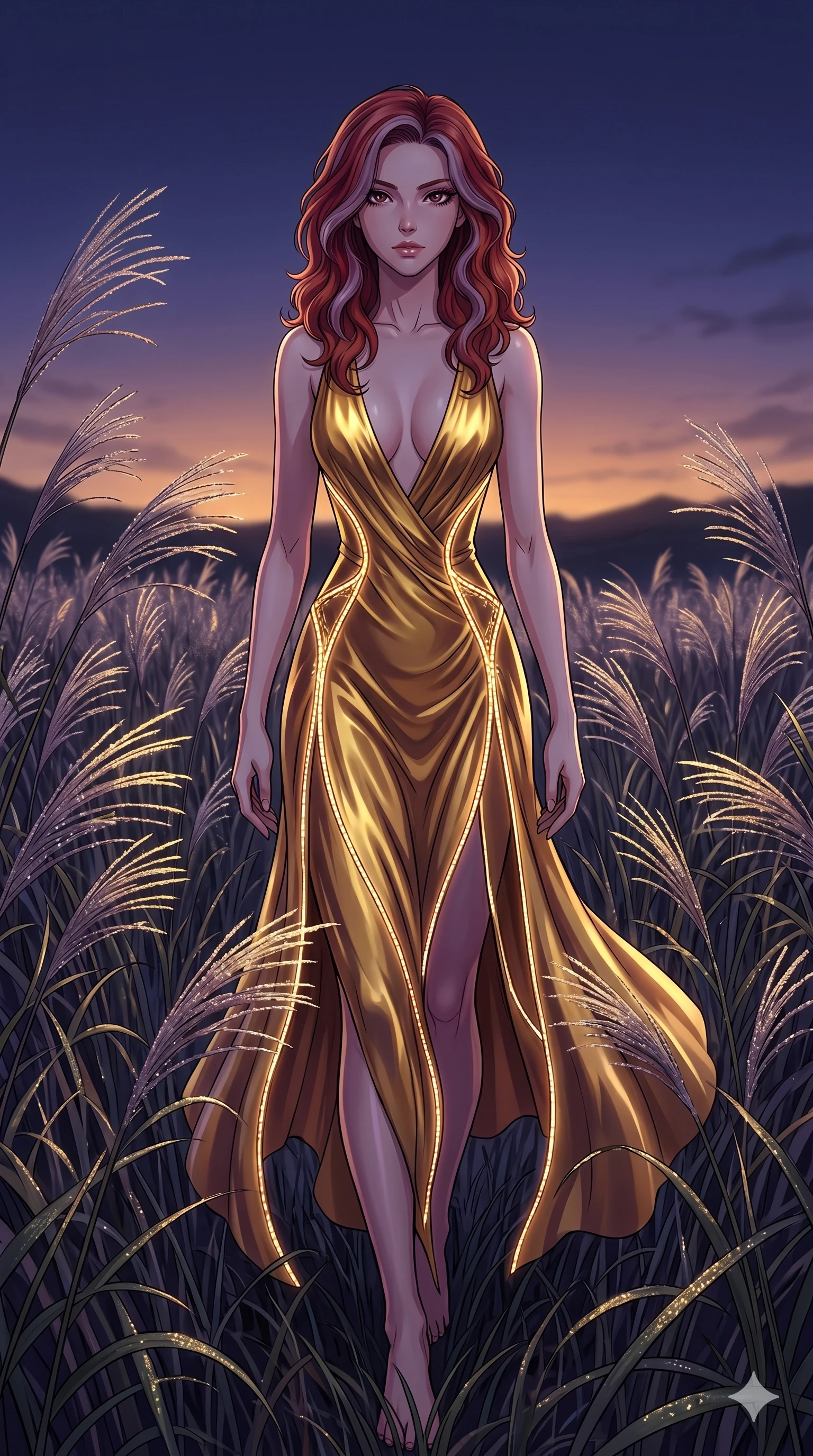 score_9, masterpiece, best quality, ultra-detailed, High-budget Anime Keyframe, East Asian woman. Dynamic full-body shot stretching the vertical silhouette to the limit. Scenario 128: Walking through a field of tall silver grass at twilight. Her presence is magnetic and overpowering in this high-budget anime scene. Outfit 128: A molten liquid silk gold with a plunging V-neckline and glowing LED seams. The clothing is designed to emphasize her exceptionally tall and slender 8-heads proportion. 8-heads proportion, towering silhouette, ultra-slim waist. sharp v-shaped jawline, intricate jewel-like eyes with depth, thick eyelashes, glossy lips. 2k, ultra detail, master piece, 9:16 ratio