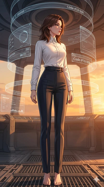 score_9, masterpiece, best quality, ultra-detailed, high-budget anime keyframe, editorial fashion photography, tasteful artistic composition, Korean woman. low angle full-body shot from head to toe showing her feet, filling the entire 9:16 vertical f
