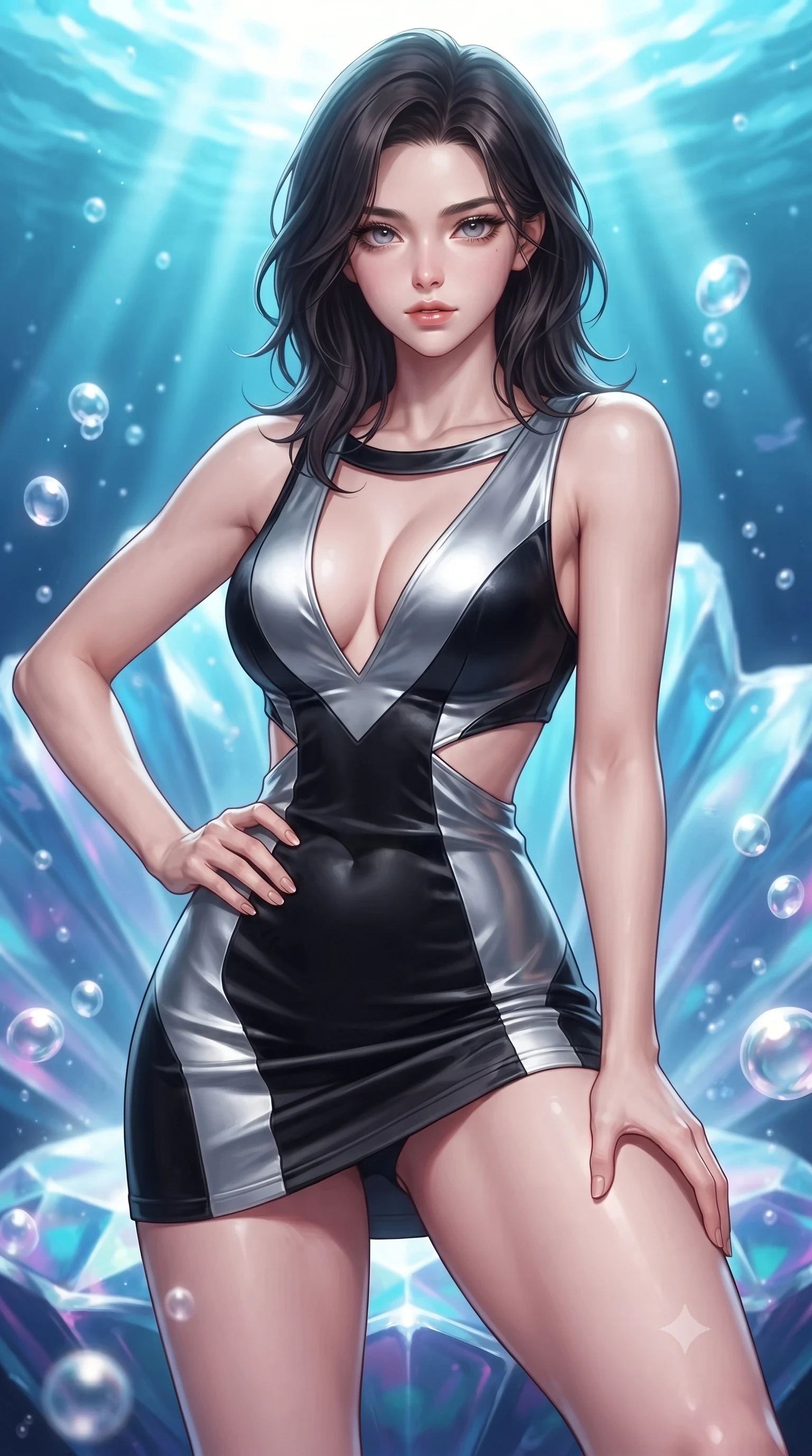 score_9, masterpiece, best quality, ultra-detailed, high-budget anime keyframe, editorial fashion photography, tasteful artistic composition, Korean woman. close-up cowboy shot from the waist and thighs up, the character dominates the composition, filling the frame with her large presence, background elements kept in soft focus. Holding a confident power pose with one hand on her hip, gazing directly into the camera with quiet intensity poised on an abyssal prism shell throne bathed in sunlit ocean rays, rising bioluminescent bubbles casting soft pearl-like highlights. She has an exceptionally elegant, slender, and willowy female figure with an ultra-slim waist, a gracefully sculpted slender torso, and a refined silhouette. sharp v-shaped jawline, high-bridge nose, intricate jewel-like eyes with depth, thick eyelashes, glossy lips with a natural sheen. wearing a liquid mercury gloss mini dress with ultra-deep V-neck and waist cutouts in matte black and polished silver, made of premium stretch velvet with a rich sheen, accented with a Tasteful chest slit framing her clavicle gracefully, the tailored fabric tightly following every curve of her athletic build. lit by clear sun-drenched sea light with soft ethereal shadows. highly saturated vibrant anime colors, detailed shading with soft gradients, rich glossy textures, high-contrast stereoscopic depth, volumetric dynamic lighting, master piece, 9:16 ratio