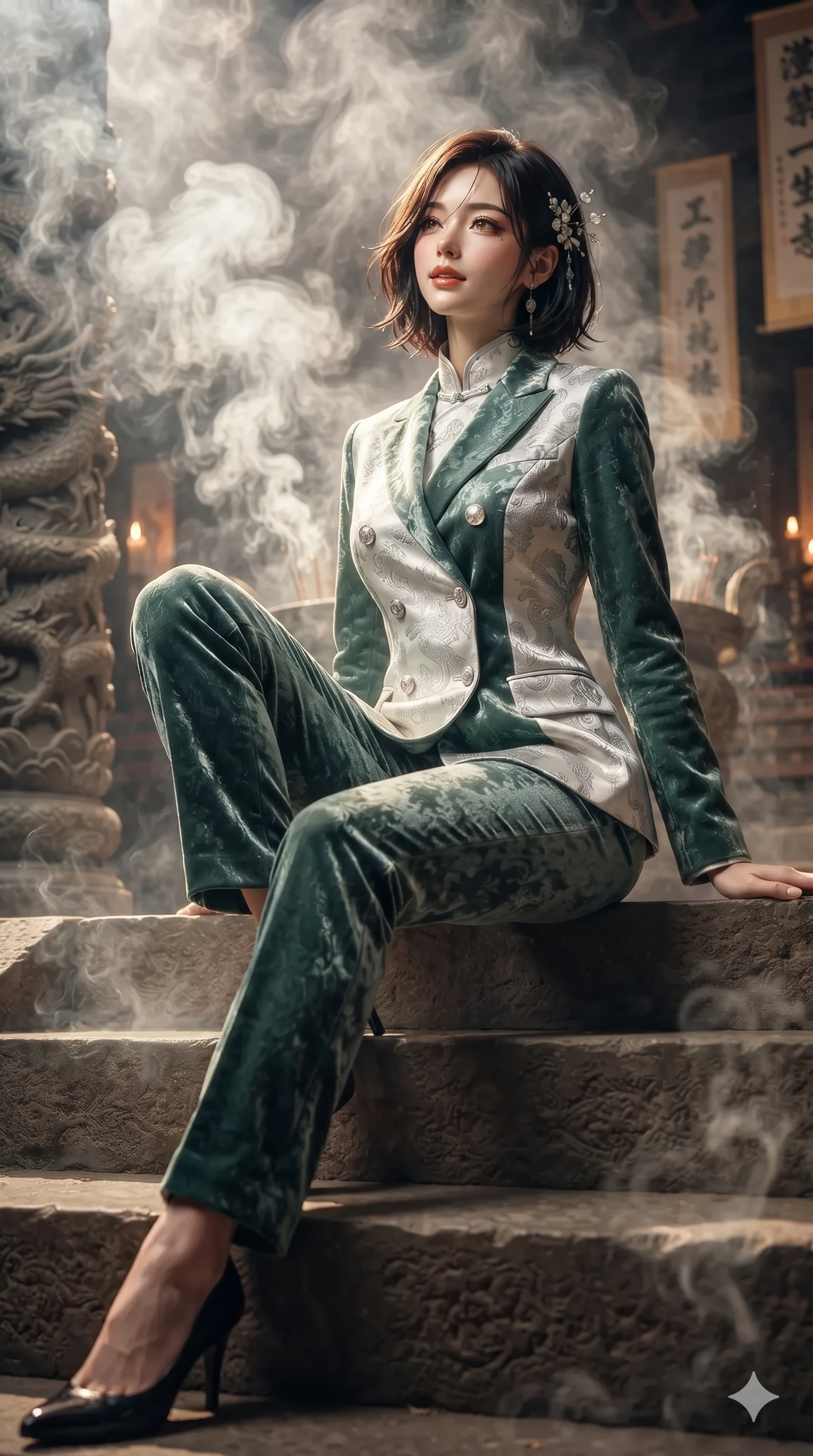 score_9, masterpiece, best quality, ultra-detailed, high-budget anime keyframe, editorial fashion photography, tasteful artistic composition, Japanese woman. low angle full-body shot from head to toe showing her feet, filling the entire 9:16 vertical frame with her statuesque presence, stretching her vertical silhouette. sitting poised on the stone steps with one knee bent, arching her spine with supermodel elegance as she glances upward through thick eyelashes while walking slowly through the fragrant misty hall with feline poise, her long slender legs and curvy hips commanding the sacred atmosphere. The background shows a soft-focus swirling white agarwood incense smoke, carved dragon column bases, and hanging silk calligraphy banners blurred into cream, gold, and charcoal bokeh. She has an absolutely perfect, statuesque 8.5-heads proportion, an exceptionally tall and slender model-like female figure with impossibly long slender legs, an ultra-slim waist, a flat toned midriff, narrow delicate ribcage, and beautifully sculpted feminine hips creating a graceful, slim hourglass silhouette without any bulky heaviness. sharp v-shaped jawline, high-bridge nose, sparkling eyes with hypnotic seductive depth, thick curled eyelashes, glossy parted lips with a natural dewy peach sheen, alluring bedroom-eyes with an enchanting coquettish smile, exuding magnetic siren charisma and sophisticated glamour, flawlessly proportioned anatomical accuracy, strict slender model proportions, natural body alignment, perfectly sculpted long slender limbs, ultra-slim waistline, clean dynamic posture without body distortion. wearing a tailored double-breasted silk brocade pantsuit with mandarin collar and mother-of-pearl dragon crest buttons in moonlit jade green and pure alabaster white with silver accents, tailored from crushed dark velvet with deep light-absorbing plush texture, finished with delicate mother-of-pearl hairpin ornaments glinting in her dark glossy hair, the impeccably tailored cut draping gracefully along her slender figure with aristocratic eastern poise. bathed in warm 2200K bronze brazier glow cutting through atmospheric white incense smoke. ultra-reflective glossy finish, specular highlights, rich textural contrasts, high-contrast stereoscopic depth, volumetric dynamic lighting, 2k, ultra detail, master piece, 9:16 ratio