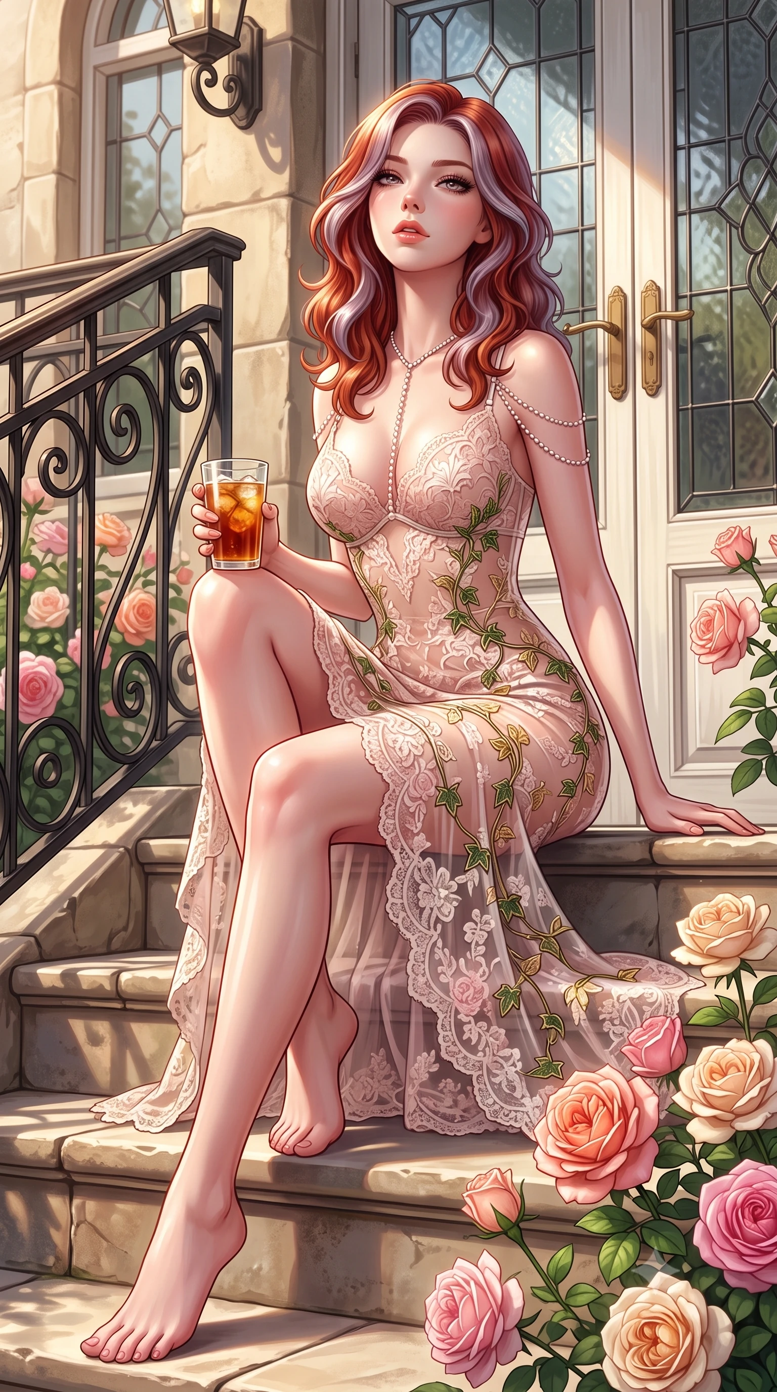 score_9, masterpiece, best quality, ultra-detailed, high-budget anime keyframe, semi-realistic 3D game render, editorial fashion photography, tasteful artistic composition, Caucasian woman. low angle full-body shot from head to toe showing her feet, filling the entire 9:16 vertical frame with her statuesque presence, stretching her vertical silhouette. sitting poised on the stone steps with one knee bent, arching her spine with supermodel elegance as she glances upward through thick eyelashes while lounging gracefully on a vintage wicker chaise lounge with legs crossed, holding a glass of iced tea with an intoxicating, smoldering gaze. The surrounding environment is rendered in vivid detail and crisp panoramic clarity: sharp wrought-iron scrollwork details, blooming David Austin rose petal textures, and leaded glass door frames in deep focus. She has an absolutely perfect, statuesque 8.5-heads proportion, an exceptionally tall and slender model-like female figure with impossibly long slender legs, an ultra-slim waist, a flat toned midriff, narrow delicate ribcage, and beautifully sculpted feminine hips creating a graceful, slim hourglass silhouette without any bulky heaviness. sharp v-shaped jawline, high-bridge nose, sparkling eyes with hypnotic seductive depth, thick curled eyelashes, glossy parted lips with a natural dewy peach sheen, alluring bedroom-eyes with an enchanting coquettish smile, exuding magnetic siren charisma and sophisticated glamour, flawlessly proportioned anatomical accuracy, strict slender model proportions, natural body alignment, perfectly sculpted long slender limbs, ultra-slim waistline, clean dynamic posture without body distortion. wearing a provocative sheer illusion mesh botanical dress with embroidered climbing ivy ribbons contouring her curves in delicate blush peony pink and antique white lace with gold leaf, crafted from wet-look high-gloss vinyl fabric with dazzling specular surface reflections, finished with a pearl-drop body harness subtly framing her dewy collarbones and spine, the liquid-tight tailored fabric clinging flawlessly to her narrow waist and rounded feminine hips, emphasizing every millimeter of her sculpted slim hourglass curves without any bulky heaviness. illuminated by glass door reflections and sharp warm-gold rim lights sculpting her delicate clavicles, ultra-slim waist, and curvy hips. highly saturated vibrant anime colors, detailed shading with soft gradients, rich glossy textures, high-contrast stereoscopic depth, volumetric dynamic lighting, master piece, 9:16 ratio