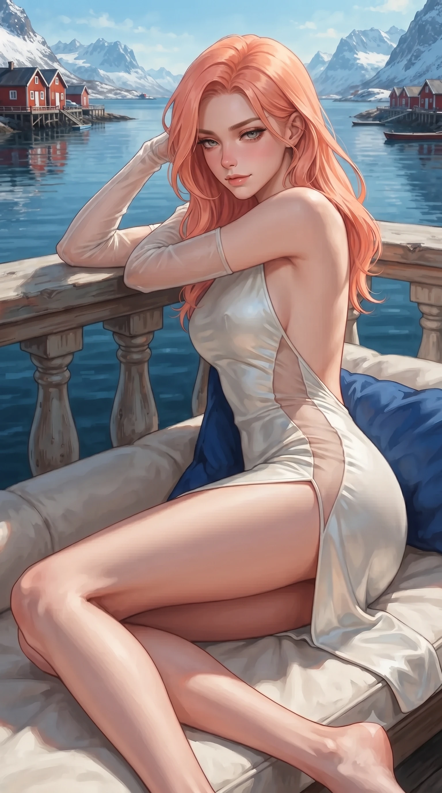 score_9, masterpiece, best quality, ultra-detailed, high-budget anime keyframe, editorial fashion photography, tasteful artistic composition, Japanese woman. close-up cowboy shot from the waist and thighs up, the character dominates the composition, filling the frame with her large presence. leaning back against the balustrade with relaxed seductive grace, head tilted back slightly while casting a hypnotic, heavy-lidded gaze while lounging in the outdoor daybed propped on one elbow with legs extended, displaying her long slender limbs and statuesque hourglass silhouette against the Arctic panorama. The surrounding environment is rendered in vivid detail and crisp panoramic clarity: sharp pine deck wood grain, traditional vermilion rorbu timber paint texture, and crystal-clear Arctic water reflections in deep focus. She has an exceptionally elegant, slender, and willowy female figure with an ultra-slim waist, flat toned midriff, narrow ribcage, and sculpted feminine hips creating an alluring, slim hourglass silhouette without bulk. sharp v-shaped jawline, high-bridge nose, intricate jewel-like sparkling eyes with depth, thick eyelashes, glossy parted lips with a natural peach sheen, bright cheerful beaming smile with an enchanting and coquettish sensual glint, exuding both youthful cute charm and seductive allure, flawlessly proportioned anatomical accuracy, strict slender model proportions, natural body alignment, perfectly sculpted long slender limbs, ultra-slim waistline, clean dynamic posture without body distortion. wearing a provocative backless halterneck silk lamé mini dress with deep scoop back down to her lower spine and thigh-high slit in Normandy Étretat alabaster chalk white and Atlantic cobalt, featuring strategic sheer-illusion tulle side panels framing her ribcage and hips, complemented by sheer opera-length evening gloves tracing her slender arms, the impeccably tailored cut draping gracefully along her slender figure with aristocratic poise. illuminated by fjord water specular bounce and sharp gold-emerald dual rim lights sculpting her razor-sharp jawline, narrow waist, and curvy hips. ultra-reflective glossy finish, specular highlights, rich textural contrasts, high-contrast stereoscopic depth, volumetric dynamic lighting, 2k, ultra detail, master piece, 9:16 ratio