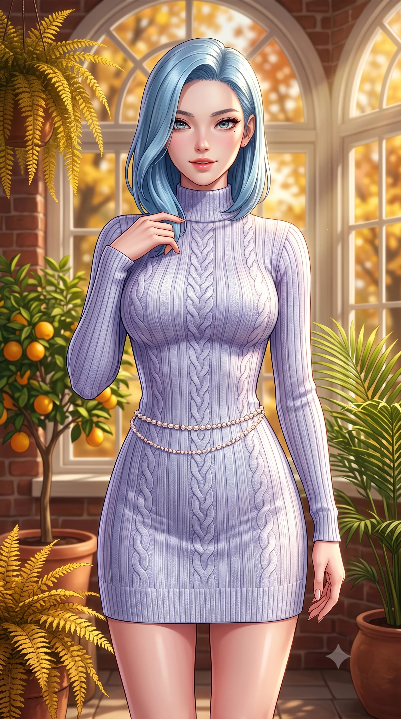 score_9, masterpiece, best quality, ultra-detailed, high-budget anime keyframe, semi-realistic 3D game render, editorial fashion photography, tasteful artistic composition, Korean woman. close-up cowboy shot from the waist and thighs up, the character dominates the composition, filling the frame with her large presence. tilting her chin up with a teasing half-smile, running one manicured hand lightly along her lapel with effortless magnetic allure while standing amidst potted citrus trees and cascading golden ferns inside the historic brick orangery, smiling warmly at the camera. The background shows a soft-focus arched multi-pane conservatory windows, lush potted palm fronds, and golden maple trees outside blurred into honey, terracotta, and olive bokeh. She has an exceptionally elegant, slender, and willowy female figure with an ultra-slim waist, flat toned midriff, narrow ribcage, and sculpted feminine hips creating an alluring, slim hourglass silhouette without bulk. sharp v-shaped jawline, high-bridge nose, intricate jewel-like sparkling eyes with depth, thick eyelashes, glossy parted lips with a natural peach sheen, bright cheerful beaming smile with an enchanting and coquettish sensual glint, exuding both youthful cute charm and seductive allure, flawlessly proportioned anatomical accuracy, strict slender model proportions, natural body alignment, perfectly sculpted long slender limbs, ultra-slim waistline, clean dynamic posture without body distortion. wearing a sculpted cable-ribbed cashmere bodycon sweater dress with long fitted sleeves and a snug mock-neck tracing her slender silhouette in frosted mountain lavender and shimmering ice silver, woven from fine elastic rib-knit fabric tracing every millimeter of her slender torso, accented with a dainty pearl waist chain catching the ambient sunlight across her sculpted waistline, the glove-like clinging cut tightly following the natural contour of her hips and long slender legs with youthful 8.5-heads elegance. bathed in warm 3200K autumn sunlight streaming through floor-to-ceiling arched south-facing conservatory windows. highly saturated vibrant anime colors, detailed shading with soft gradients, rich glossy textures, high-contrast stereoscopic depth, volumetric dynamic lighting, master piece, 9:16 ratio