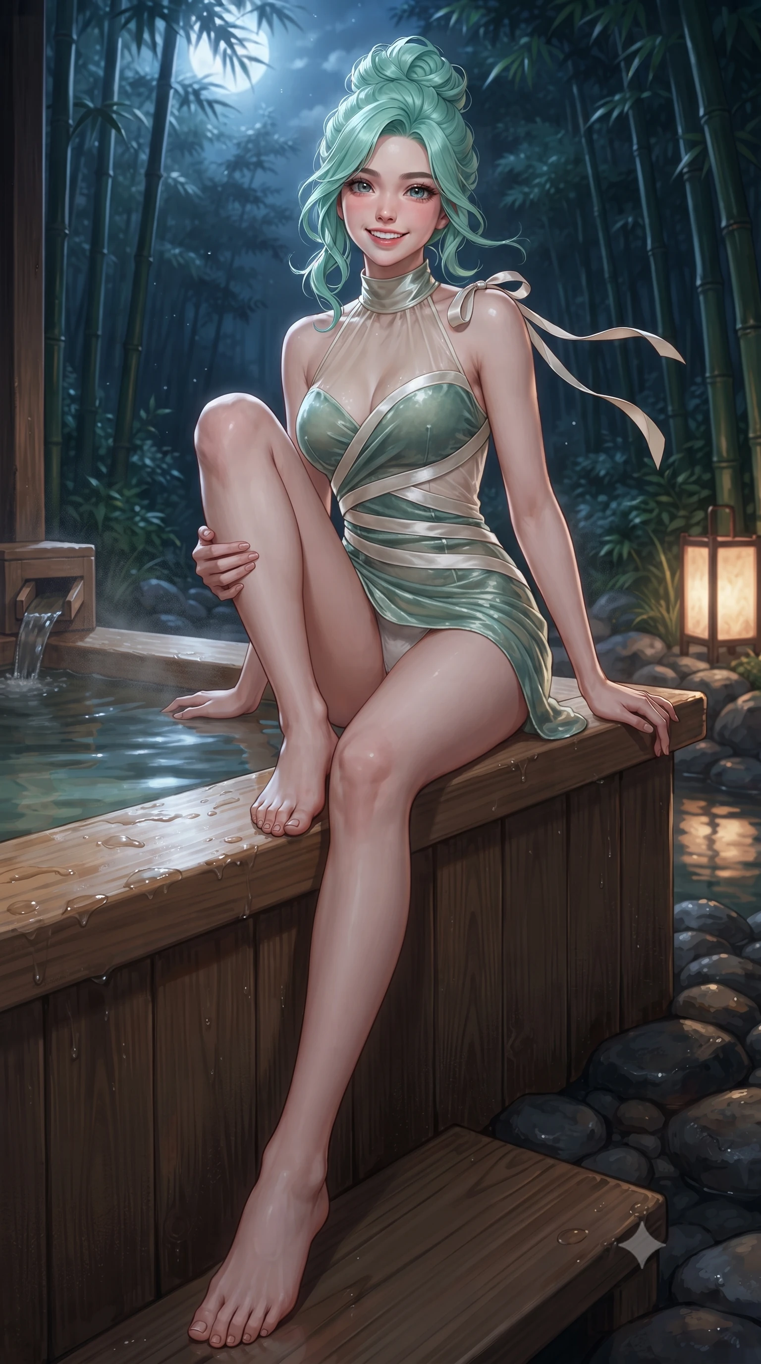 score_9, masterpiece, best quality, ultra-detailed, high-budget anime keyframe, editorial fashion photography, tasteful artistic composition, Japanese woman. low angle full-body shot from head to toe showing her feet, filling the entire 9:16 vertical frame with her statuesque presence, stretching her vertical silhouette. reclining gracefully across the plush chaise lounge with one leg extended, her sculpted silhouette and flat midriff radiating magnetic nocturnal glamour while sitting perched gracefully on the warm hinoki bath edge with one knee drawn up, her long slender legs and statuesque hourglass silhouette commanding the nocturnal forest view. The surrounding environment is rendered in vivid detail and crisp panoramic clarity: sharp wet cypress wood grain, polished river stone tub surrounds, and bamboo grove textures in deep focus. She has an exceptionally tall and slender model-like 8.5-heads proportion, an ultra-slim waist, a flat toned midriff, narrow delicate ribcage, and beautifully sculpted feminine hips creating a graceful, slim hourglass silhouette without any bulky heaviness, with impossibly long slender legs. sharp v-shaped jawline, high-bridge nose, intricate jewel-like sparkling eyes with depth, thick eyelashes, glossy parted lips with a natural peach sheen, bright cheerful beaming smile with an enchanting and coquettish sensual glint, exuding both youthful cute charm and seductive allure, flawlessly proportioned anatomical accuracy, strict slender model proportions, natural body alignment, perfectly sculpted long slender limbs, ultra-slim waistline, clean dynamic posture without body distortion. wearing a provocative high-neck sheer illusion cocktail dress with liquid satin ribbons contouring her curves in Namsan moonlit mist ivory and jade pine green, tailored from ultra-plush silk velvet with rich tactile depth and deep shadow gradients, finished with satin ribbon ties at the shoulders fluttering in the gentle breeze, the form-contouring silhouette accentuating her sculpted flat midriff, narrow delicate ribcage, and gracefully curvy hips with intoxicating allure. bathed in the ethereal cool 4500K silver moonlight filtering through tall bamboo culms mixed with warm 2400K paper lantern glows. ultra-reflective glossy finish, specular highlights, rich textural contrasts, high-contrast stereoscopic depth, volumetric dynamic lighting, 2k, ultra detail, master piece, 9:16 ratio