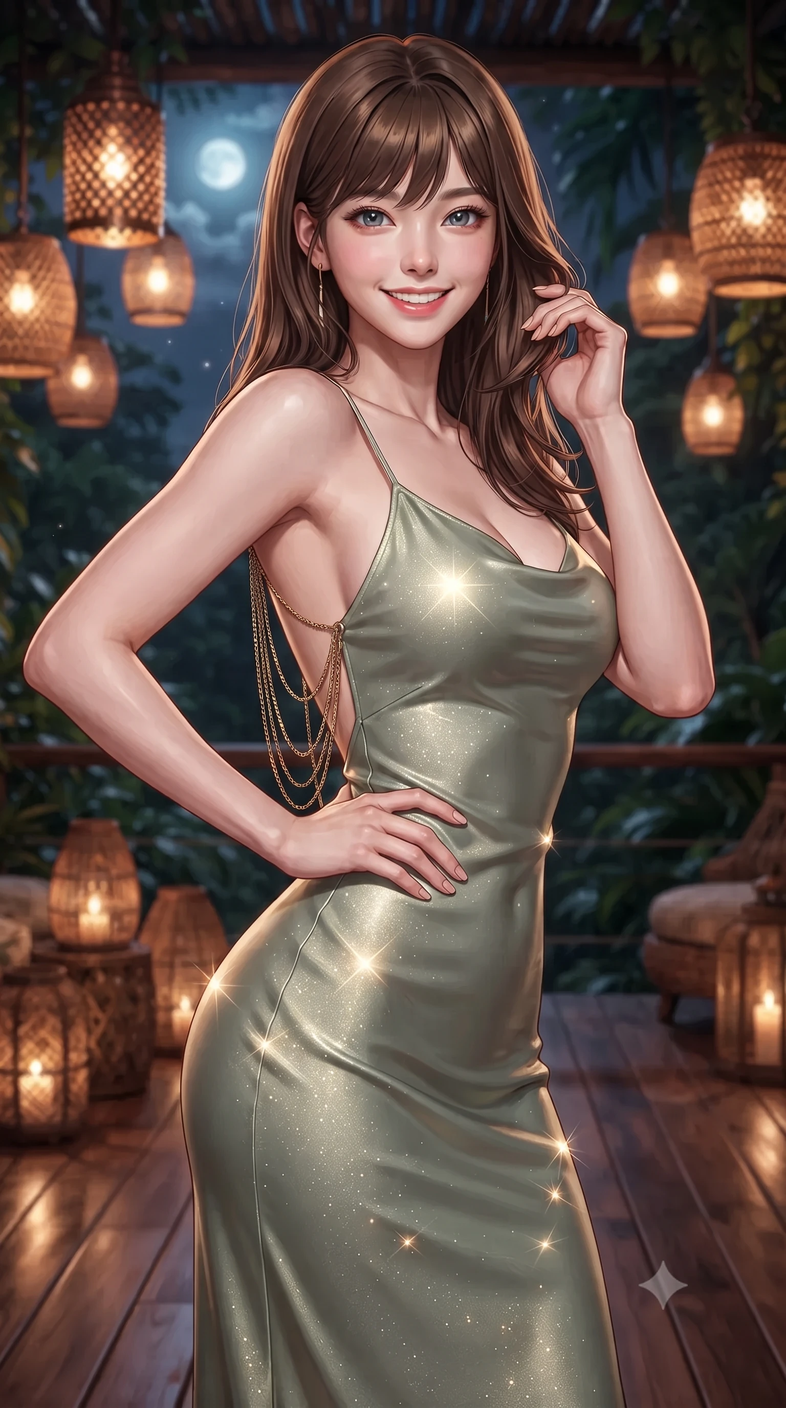 score_9, masterpiece, best quality, ultra-detailed, high-budget anime keyframe, editorial fashion photography, tasteful artistic composition, Korean woman. close-up cowboy shot from the waist and thighs up, the character dominates the composition, filling the frame with her large presence. twisting her slender torso in an alluring contrapposto stance, one hand resting on her sculpted hip while her fingers toy with her hair with effortless poise while standing poised on the polished zapote hardwood deck suspended 40 feet above the jungle canopy, arching her spine with effortless supermodel poise as nocturnal ocean breezes whisper. The background shows a soft-focus flickering pierced copper lantern glows softened in bohemian luxury jungle retreat shallow focus. She has an exceptionally elegant, slender, and willowy female figure with an ultra-slim waist, flat toned midriff, narrow ribcage, and sculpted feminine hips creating an alluring, slim hourglass silhouette without bulk. sharp v-shaped jawline, high-bridge nose, intricate jewel-like sparkling eyes with depth, thick eyelashes, glossy parted lips with a natural peach sheen, bright cheerful beaming smile with an enchanting and coquettish sensual glint, exuding both youthful cute charm and seductive allure, flawlessly proportioned anatomical accuracy, strict slender model proportions, natural body alignment, perfectly sculpted long slender limbs, ultra-slim waistline, clean dynamic posture without body distortion. wearing a sculpted liquid satin bias-cut slip dress tailored with contouring seams that adhere flawlessly over her feminine hips in Tulum jungle agave sage and copal resin gold, woven from stretch metallic lurex jersey casting radiant starlight glints across her curves, accented with an open-back drape framed by falling strands of delicate gold chains, the glove-like clinging cut tightly following the natural contour of her hips and long slender legs with youthful 8.5-heads elegance. bathed in the warm radiant 2400K illumination of hanging woven rattan lanterns mixed with cool Caribbean moonlight. ultra-reflective glossy finish, specular highlights, rich textural contrasts, high-contrast stereoscopic depth, volumetric dynamic lighting, 2k, ultra detail, master piece, 9:16 ratio