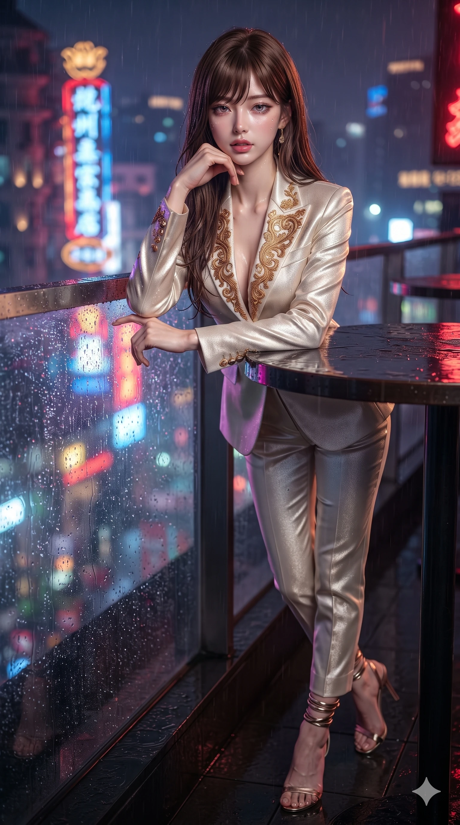 score_9, masterpiece, best quality, ultra-detailed, high-budget anime keyframe, editorial fashion photography, tasteful artistic composition, Korean woman. close-up cowboy shot from the waist and thighs up, the character dominates the composition, filling the frame with her large presence. resting one elbow on the table and supporting her chin, leaning close to the camera with heavy-lidded sparkling eyes and parted lips while standing tall and poised against the wet glass railing, arching her lower back with sovereign supermodel grace as rain mist catches the neon glow. The background shows a soft-focus rain-slicked urban night atmosphere softened in Shanghai rooftop balcony shallow focus. She has an exceptionally elegant, slender, and willowy female figure with an ultra-slim waist, flat toned midriff, narrow ribcage, and sculpted feminine hips creating an alluring, slim hourglass silhouette without bulk. sharp v-shaped jawline, high-bridge nose, intricate jewel-like sparkling eyes with depth, thick eyelashes, glossy parted lips with a natural sheen, intensely captivating and seductive bedroom-eyes expression, exuding both youthful cute charm and sovereign luxury allure, flawlessly proportioned anatomical accuracy, strict slender model proportions, natural body alignment, perfectly sculpted long slender limbs, ultra-slim waistline, clean dynamic posture without body distortion. wearing a bespoke Venetian tailored pantsuit in liquid ivory silk with golden filigree embroidery tracing the lapels in rich copper bronze and warm amber, crafted from luxurious metallic lamé that shifts radiance with every step, complemented by strappy stiletto sandals with metallic ankle wraps accentuating her slender calves, the impeccably tailored cut draping gracefully along her slender figure with aristocratic poise. bathed in the intense, high-saturation glow of multi-colored neon signage reflecting off wet surfaces. ultra-reflective glossy finish, specular highlights, rich textural contrasts, high-contrast stereoscopic depth, volumetric dynamic lighting, 2k, ultra detail, master piece, 9:16 ratio