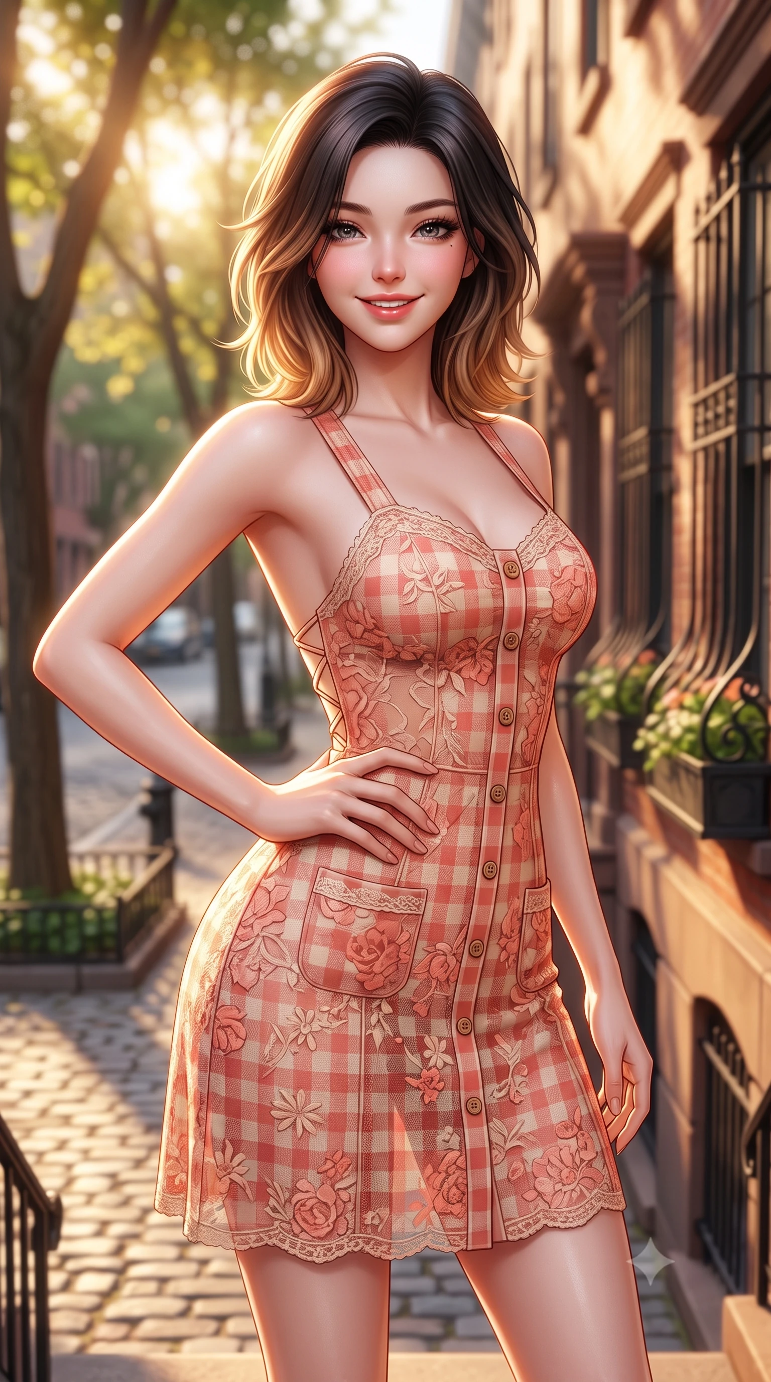score_9, masterpiece, best quality, ultra-detailed, high-budget anime keyframe, semi-realistic 3D game render, editorial fashion photography, tasteful artistic composition, Korean woman. close-up cowboy shot from the waist and thighs up, the character dominates the composition, filling the frame with her large presence. twisting her slender torso in an alluring contrapposto stance, one hand resting on her sculpted hip while flashing a radiant, playful smile with parted glossy lips while standing poised at the top of the stoop, twisting her slender torso in an alluring S-curve as afternoon sunlight filters through tree-lined streets. The composition keeps background elements in soft focus with dreamy creamy bokeh. quaint cobblestone streets and wrought-iron window boxes softened in cinematic editorial shallow focus. She has an exceptionally elegant, slender, and willowy female figure with an ultra-slim waist, flat toned midriff, narrow ribcage, and sculpted feminine hips creating an alluring, slim hourglass silhouette without bulk. sharp v-shaped jawline, high-bridge nose, intricate jewel-like sparkling eyes with depth, thick eyelashes, glossy parted lips with a natural peach sheen, bright cheerful beaming smile with an enchanting and coquettish sensual glint, exuding both youthful cute charm and seductive allure, flawlessly proportioned anatomical accuracy, strict slender model proportions, natural body alignment, perfectly sculpted long slender limbs, ultra-slim waistline, clean dynamic posture without body distortion. wearing a backless lace-up gingham sundress with a form-fitting bodice and hip-defining silhouette in warm coral pink and soft oatmeal beige, made of sheer contouring stretch lace with delicate floral patterns, finished with neat front wooden buttons and delicate pocket details, the form-contouring cut accentuating her sculpted flat midriff, narrow delicate ribcage, and gracefully curvy hips with supermodel precision. bathed in warm, golden afternoon sunlight streaming down the historic tree-lined street. highly saturated vibrant anime colors, detailed shading with soft gradients, rich glossy textures, high-contrast stereoscopic depth, volumetric dynamic lighting, master piece, 9:16 ratio
