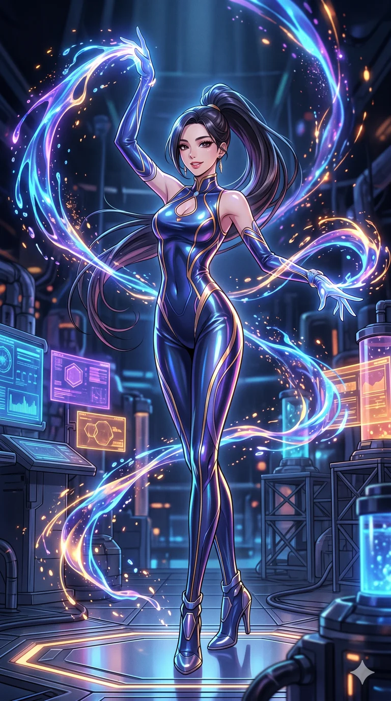 score_9, masterpiece, best quality, ultra-detailed, High-budget Anime Keyframe, vibrant colors, fluid line-art, expressive lighting, cinematic composition, Ufotable-style visual effects, top-tier animation quality, Korean woman with idol-like refined features. Dynamic full-body shot stretching the vertical silhouette, capturing her from a powerful low-angle perspective. Orchestrating a symphony of liquid light that flows from her fingertips like ink in water. She has an absolutely perfect 8-heads proportion, an exceptionally tall and slender female figure with impossibly long slender legs and an ultra-slim waist, her statuesque height and towering silhouette dominating the vertical 9:16 frame. Her face is a masterpiece featuring a sharp v-shaped jawline, high-bridge nose, intricate jewel-like eyes with depth, thick eyelashes, and glossy lips with a natural sheen. She is wearing a Sleek liquid-silk jumpsuit that clings to her frame, with a high collar and a small strategic teardrop cutout. The scene is set in a futuristic vibration lab filled with glowing resonators and liquid displays. 2k, ultra detail, master piece, 9:16 ratio