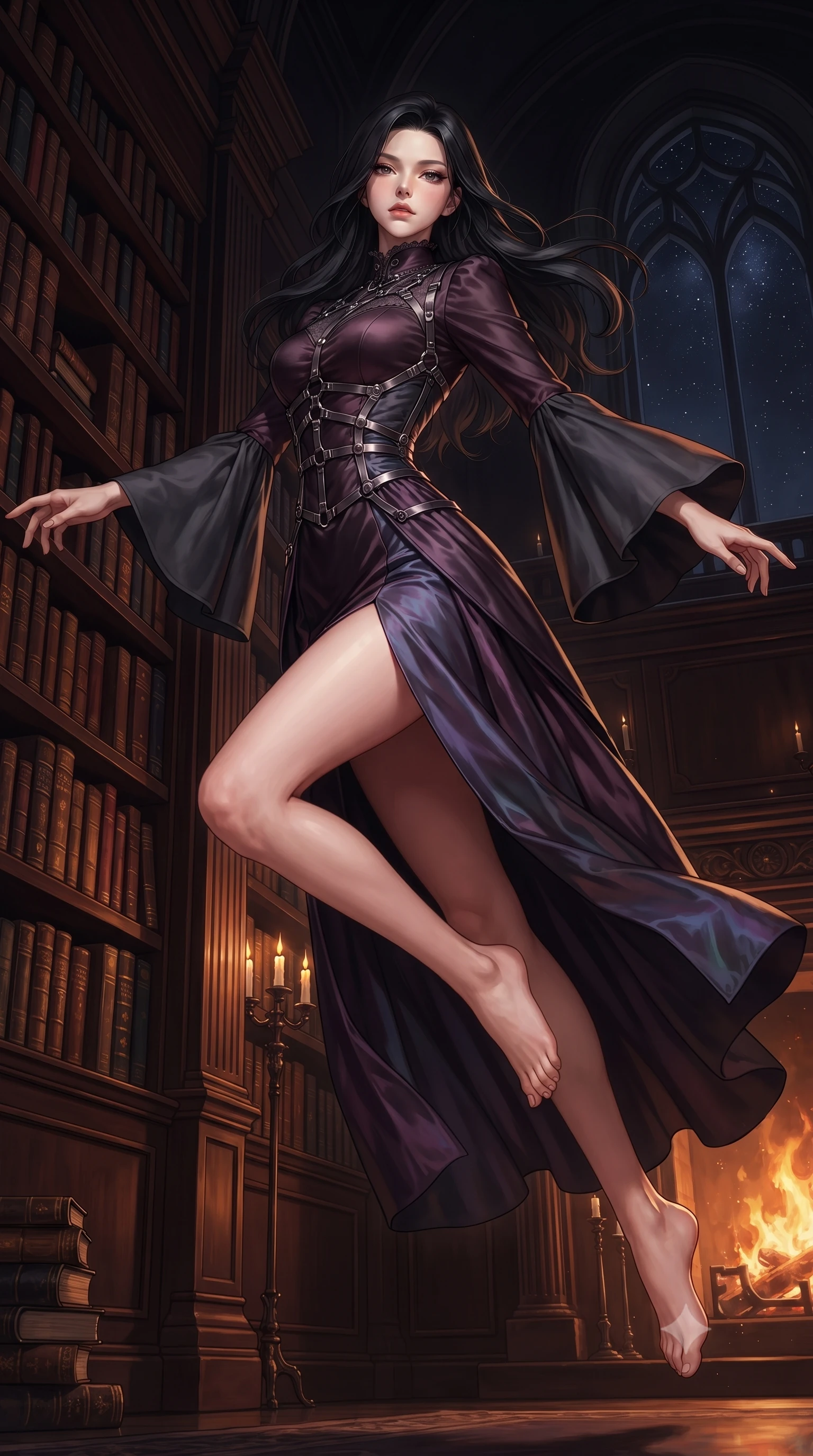 score_9, masterpiece, best quality, ultra-detailed, high-budget anime keyframe, editorial fashion photography, tasteful artistic composition, Korean woman. low angle full-body shot from head to toe showing her feet, filling the entire 9:16 vertical frame with her statuesque presence, stretching her vertical silhouette. leaping dynamically through the starry space, her posture full of power and elegance, standing near a colossal dark mahogany bookshelf filled with ancient leather books, roaring firelight casting warm orange and golden rays across her skin. She has an absolutely perfect, statuesque 8.5-heads proportion, an exceptionally tall and slender model-like female figure with impossibly long slender legs and an ultra-slim waist. sharp v-shaped jawline, high-bridge nose, intricate jewel-like eyes with depth, thick eyelashes, glossy lips with a natural sheen. wearing gothic high-collar dark plum silk evening gown with bell sleeves in dark charcoal gray, made of iridescent dark violet taffeta, highlighted by a gunmetal metallic harness structure, accentuating her gracefully sculpted slender torso. lit by low-key flickering candle rays contrasting with room darkness. highly saturated vibrant anime colors, detailed shading with soft gradients, rich glossy textures, high-contrast stereoscopic depth, volumetric dynamic lighting, master piece, 9:16 ratio