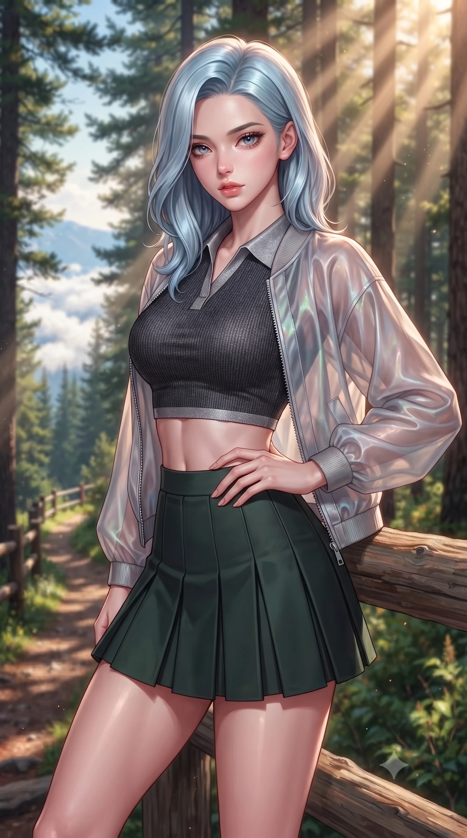 score_9, masterpiece, best quality, ultra-detailed, high-budget anime keyframe, editorial fashion photography, tasteful artistic composition, Korean woman. close-up cowboy shot from the waist and thighs up, the character dominates the composition, filling the frame with her large presence, background elements kept in soft focus. resting one hand on her waist, casting a smoldering, enticing side-gaze at the viewer set against a soft-focus background of along a scenic hiking trail winding through a pine forest with mountain views resting on a wooden fence with a view of the distant clouds below. She has an exceptionally elegant, slender, and willowy female figure with an ultra-slim waist, a gracefully sculpted slender torso, and a refined silhouette. sharp v-shaped jawline, high-bridge nose, intricate jewel-like eyes with depth, thick eyelashes, glossy lips with a natural sheen. wearing tailored modern crop top shirt paired with a mini skirt and an unzipped light bomber jacket. volumetric sunbeams slicing through the forest trees, creating light rays. highly saturated vibrant anime colors, detailed shading with soft gradients, rich glossy textures, high-contrast stereoscopic depth, volumetric dynamic lighting, master piece, 9:16 ratio