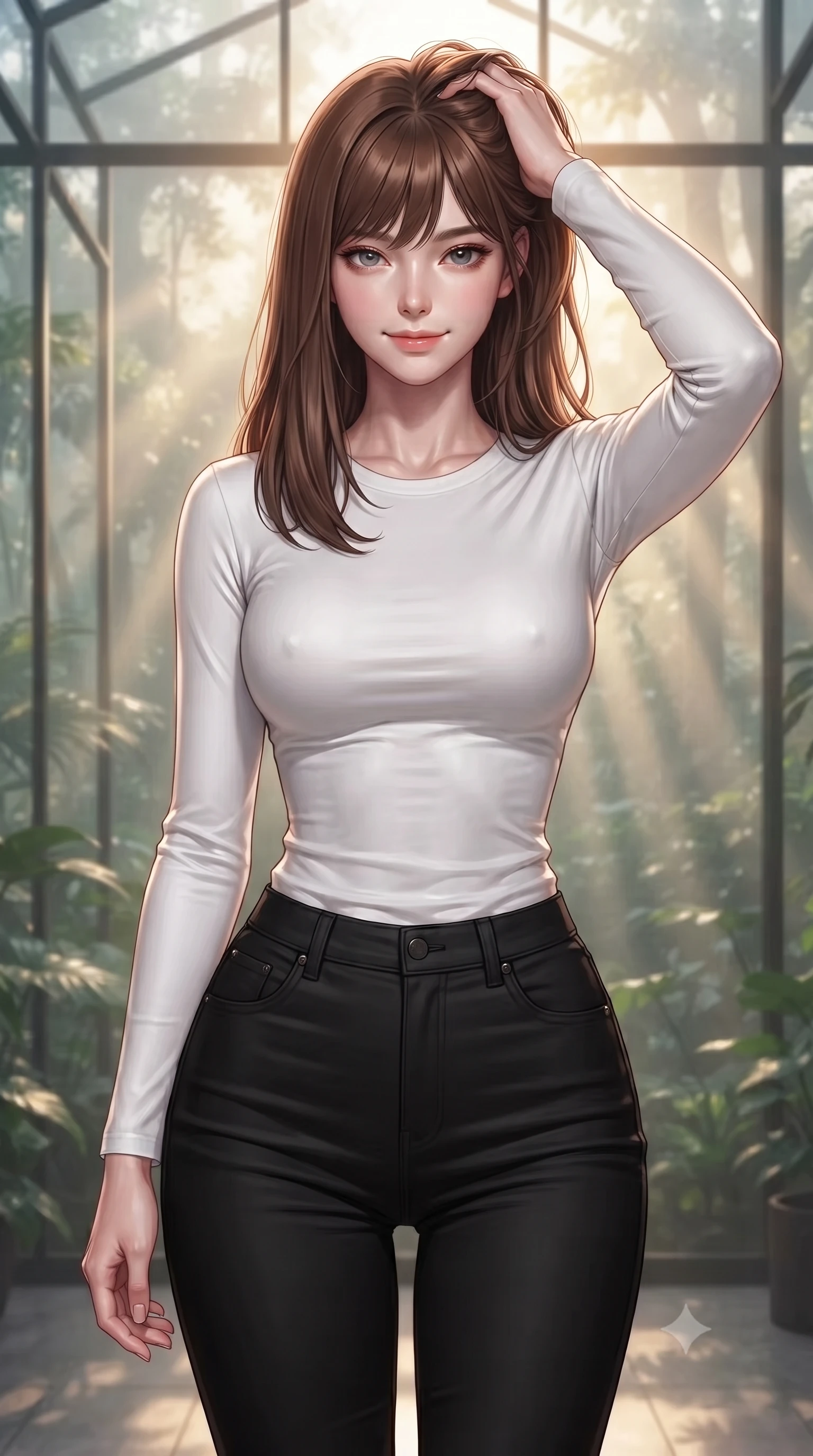 score_9, masterpiece, best quality, ultra-detailed, high-budget anime keyframe, editorial fashion photography, tasteful artistic composition, Korean woman. close-up cowboy shot from the waist and thighs up, the character dominates the composition, filling the frame with her large presence, background elements kept in soft focus. smiling with quiet, magnetic self-assurance directly into the camera, running a hand through her hair the background shows a soft-focus an indoor botanical sanctuary with glass walls facing a misty rainforest at dawn. She has an exceptionally elegant, slender, and willowy female figure with an ultra-slim waist, a gracefully sculpted slender torso, and a refined silhouette. sharp v-shaped jawline, high-bridge nose, intricate jewel-like eyes with depth, thick eyelashes, glossy lips with a natural sheen. wearing a slim-fit tight-fitting long-sleeve tee in pure white, tucked into high-waisted black skinny pants. soft morning fog diffusing golden sunbeams into volumetric light rays. ultra-reflective glossy finish, specular highlights, metallic sheen, high-contrast stereoscopic depth, volumetric dynamic lighting, 2k, ultra detail, master piece, 9:16 ratio