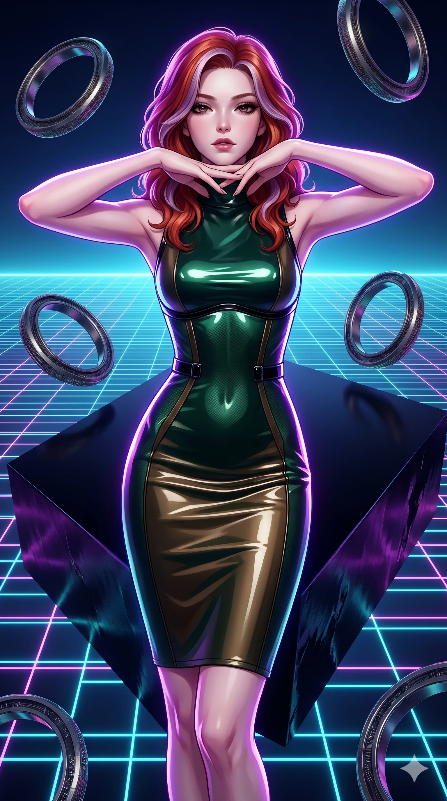 score_9, masterpiece, best quality, ultra-detailed, high-budget anime keyframe, semi-realistic 3D game render, editorial fashion photography, tasteful artistic composition, Caucasian woman. close-up cowboy shot from the waist and thighs up, the character dominates the composition, filling the frame with her large presence. resting her chin on the backs of her fingers with an air of effortless superiority and parted glossy lips while standing poised on the edge of a floating obsidian megalith suspended over an infinite neon grid, arching her back with sovereign cyberpunk grace. The surrounding environment is rendered in vivid detail and crisp panoramic clarity: sharp planar obsidian slab edges, illuminated laser grid vector lines, and metallic floating ring textures in deep focus. She has an exceptionally elegant, slender, and willowy female figure with an ultra-slim waist, flat toned midriff, narrow ribcage, and sculpted feminine hips creating an alluring, slim hourglass silhouette without bulk. sharp v-shaped jawline, high-bridge nose, intricate jewel-like dark sparkling eyes with hypnotic seductive depth, thick curled eyelashes, glossy parted lips with a natural wine sheen, alluring bedroom-eyes with an enigmatic smoldering smile, exuding magnetic sovereign charisma and dark avant-garde glamour, flawlessly proportioned anatomical accuracy, strict slender model proportions, natural body alignment, perfectly sculpted long slender limbs, ultra-slim waistline, clean dynamic posture without body distortion. wearing a precision-fitted bodycon dress in high-gloss liquid vinyl in dark emerald green and antique bronze, woven from bespoke high-density barathea wool with refined ceremonial hold, adorned with minimalist black onyx hardware framing the silhouette, the bespoke structured tailoring following the natural line of her 8.5-heads silhouette with refined elegance. illuminated by floating neon grid upward bounce and sharp ultraviolet rim lights defining her razor-sharp jawline, narrow waist, and curvy hips. highly saturated vibrant anime colors, detailed shading with soft gradients, rich glossy textures, high-contrast stereoscopic depth, volumetric dynamic lighting, master piece, 9:16 ratio