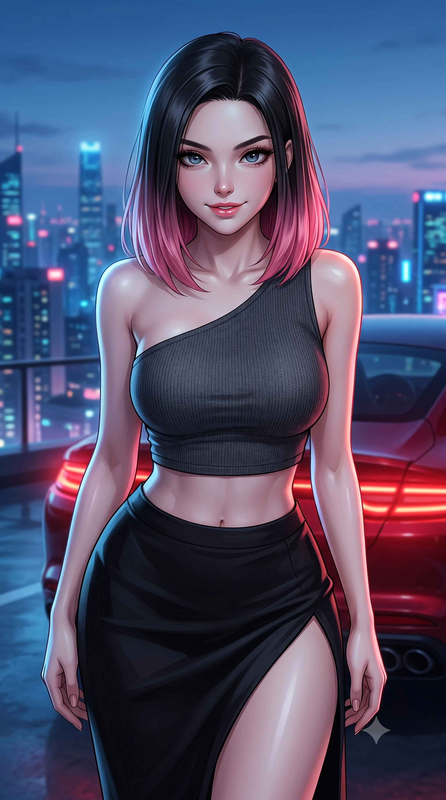 score_9, masterpiece, best quality, ultra-detailed, high-budget anime keyframe, editorial fashion photography, tasteful artistic composition, Korean woman. close-up cowboy shot from the waist and thighs up, the character dominates the composition, filling the frame with her large presence, background elements kept in soft focus. leaning slightly forward with a playful, teasing smile, her gaze locked onto the viewer the background shows a soft-focus a high-end garage rooftop overlooking a neon metropolis at twilight. She has an exceptionally elegant, slender, and willowy female figure with an ultra-slim waist, a gracefully sculpted slender torso, and a refined silhouette. sharp v-shaped jawline, high-bridge nose, intricate jewel-like eyes with depth, thick eyelashes, glossy lips with a natural sheen. wearing a body-hugging asymmetric one-shoulder crop top in charcoal knit, paired with a high-slit skirt. cool blue city twilight key light contrasting with the warm red rear lights of a car. ultra-reflective glossy finish, specular highlights, metallic sheen, high-contrast stereoscopic depth, volumetric dynamic lighting, 2k, ultra detail, master piece, 9:16 ratio