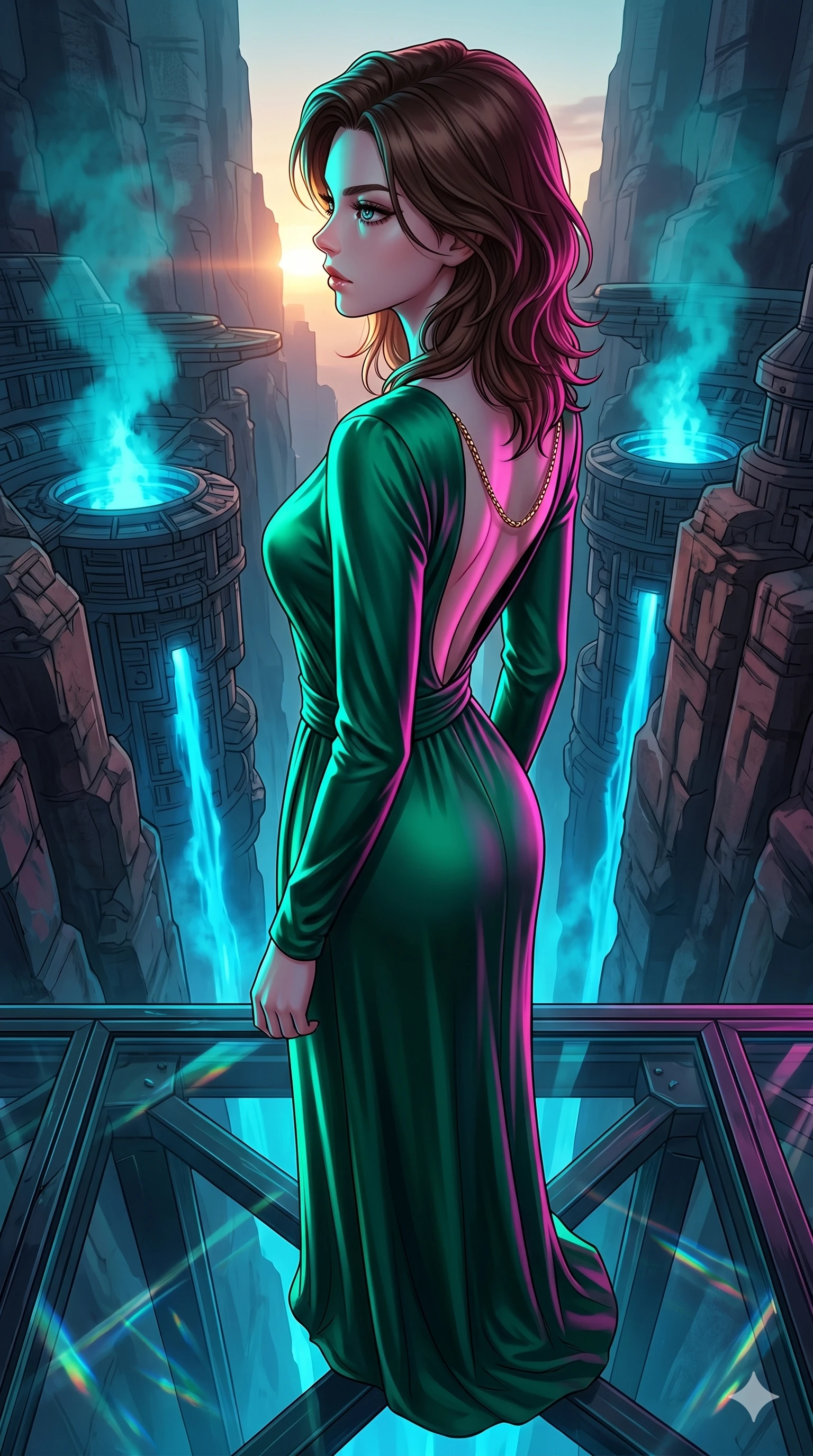 score_9, masterpiece, best quality, ultra-detailed, high-budget anime keyframe, editorial fashion photography, tasteful artistic composition, Korean woman. cowboy shot from the thighs up, character and outfit filling the frame for maximum editorial presence. Turning her face in sharp dramatic profile against the light on a platform of dark glass suspended above a canyon of glowing blue thermal vents. She has an absolutely perfect 8-heads proportion, an exceptionally tall and slender female figure with impossibly long slender legs and an ultra-slim waist. V-shaped jawline, high-bridge nose, intricate jewel-like eyes with depth, thick eyelashes, glossy lips with a natural sheen. wearing an emerald green silk wrap gown with a deep V-neck, long sleeves, and a low open-back design held by a single gold chain. under intense neon teal and magenta split-lighting creating vivid chromatic contrast on her figure. 2k, ultra detail, master piece, 9:16 ratio