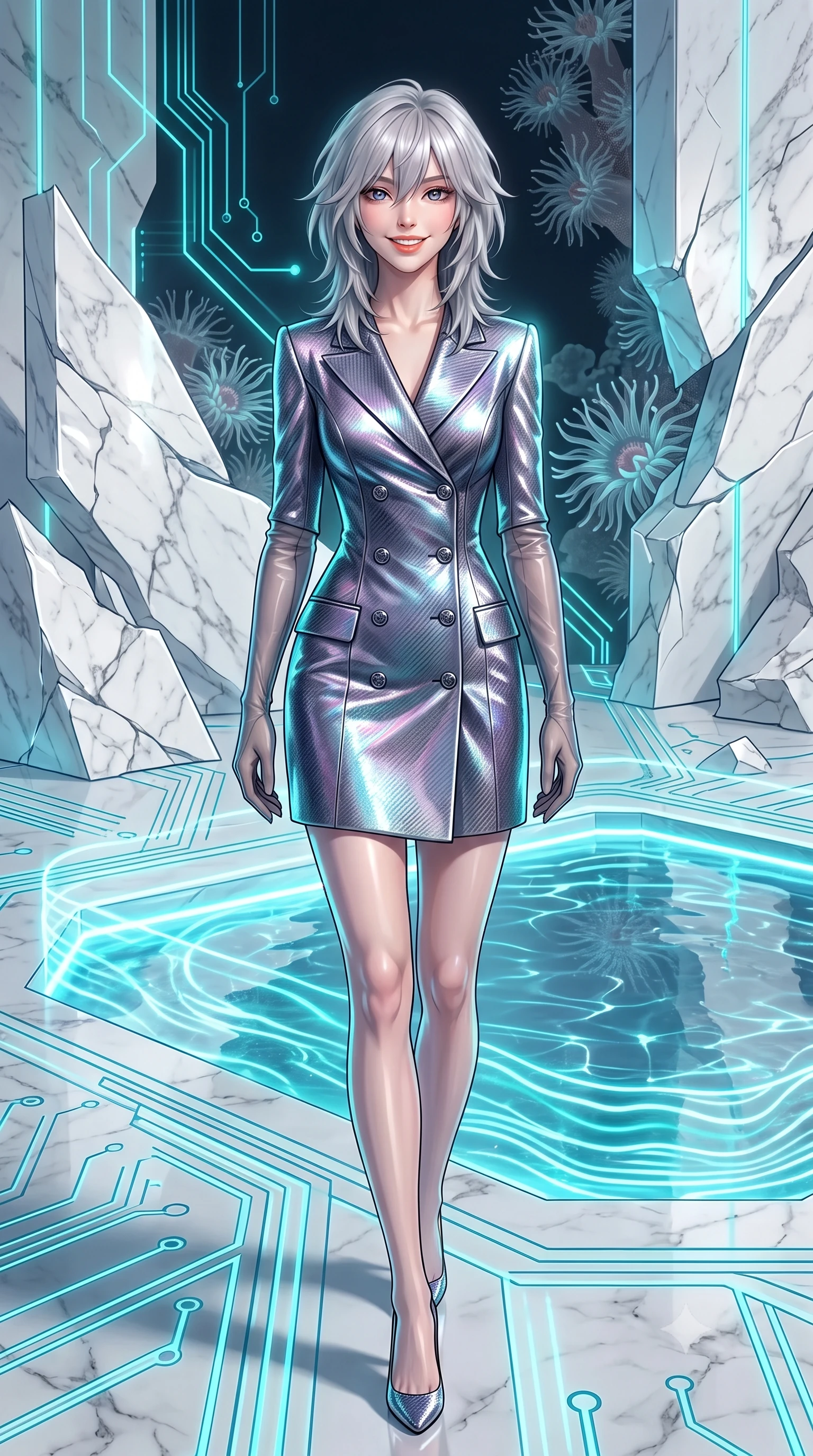 score_9, masterpiece, best quality, ultra-detailed, high-budget anime keyframe, editorial fashion photography, tasteful artistic composition, Japanese woman. low angle full-body shot from head to toe showing her feet, filling the entire 9:16 vertical frame with her statuesque presence, stretching her vertical silhouette. stepping slowly toward the camera with hypnotic grace, hips swaying in an alluring sensual rhythm that accentuates her curvy hourglass silhouette and long slender legs while twisting her slender torso in an alluring S-curve beside the submerged holographic reflecting pool, pulsating cyan light waves caressing her flat midriff and hips. The surrounding environment is rendered in vivid detail and crisp panoramic clarity: sharp white Carrara marble fractures, pulsing cyan holographic circuitry lines, and delicate sea anemone textures in deep focus. She has an exceptionally tall and slender model-like 8.5-heads proportion, an ultra-slim waist, a flat toned midriff, narrow delicate ribcage, and beautifully sculpted feminine hips creating a graceful, slim hourglass silhouette without any bulky heaviness, with impossibly long slender legs. sharp v-shaped jawline, high-bridge nose, intricate jewel-like sparkling eyes with depth, thick eyelashes, glossy parted lips with a natural peach sheen, bright cheerful beaming smile with an enchanting and coquettish sensual glint, exuding both youthful cute charm and seductive allure, flawlessly proportioned anatomical accuracy, strict slender model proportions, natural body alignment, perfectly sculpted long slender limbs, ultra-slim waistline, clean dynamic posture without body distortion. wearing a tailored double-breasted iridescent silk lamé coat dress with metallic button closures in liquid mercury chrome and deep midnight obsidian, woven from structured carbon-fiber jacquard with rich textural depth, complemented by sheer opera-length evening gloves tracing her slender arms, the bespoke structured tailoring following the natural line of her 8.5-heads silhouette with refined elegance. illuminated by submerged marble reflection bounce and sharp aquamarine rim lights defining her jawline, narrow waist, and curvy hips. ultra-reflective glossy finish, specular highlights, rich textural contrasts, high-contrast stereoscopic depth, volumetric dynamic lighting, 2k, ultra detail, master piece, 9:16 ratio