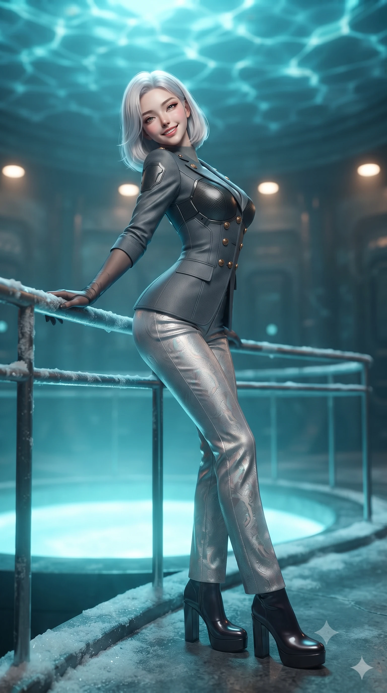 score_9, masterpiece, best quality, ultra-detailed, high-budget anime keyframe, editorial fashion photography, tasteful artistic composition, Korean woman. low angle full-body shot from head to toe showing her feet, filling the entire 9:16 vertical frame with her statuesque presence, stretching her vertical silhouette. leaning deep against the balcony balustrade with hips cocked back in an unapologetically alluring high-fashion stance, casting an intoxicating glance while standing poised on the frost-dusted steel gantry surrounding the glowing circular moon-pool, arching her lower back with sovereign supermodel allure as illuminated water caustics ripple across the ceiling. The background shows a soft-focus sub-glacial mineral steam softened in deep-ice submarine launch bay shallow focus. She has an exceptionally tall and slender model-like 8.5-heads proportion, an ultra-slim waist, a flat toned midriff, narrow delicate ribcage, and beautifully sculpted feminine hips creating a graceful, slim hourglass silhouette without any bulky heaviness, with impossibly long slender legs. sharp v-shaped jawline, high-bridge nose, intricate jewel-like sparkling eyes with depth, thick eyelashes, glossy parted lips with a natural peach sheen, bright cheerful beaming smile with an enchanting and coquettish sensual glint, exuding both youthful cute charm and seductive allure, flawlessly proportioned anatomical accuracy, strict slender model proportions, natural body alignment, perfectly sculpted long slender limbs, ultra-slim waistline, clean dynamic posture without body distortion. wearing a structured cyber-infantry dress uniform jacket with carbon-fiber chest plating and brass buttons over a mock-neck top and tailored wool trousers in iridescent mother-of-pearl and liquid molten silver, woven from structured carbon-fiber jacquard with rich textural depth, complemented by sheer opera-length evening gloves tracing her slender arms, the bespoke structured tailoring following the natural line of her 8.5-heads silhouette with refined elegance. bathed in brilliant turquoise water up-light combined with warm 2800K platform recessed downlights. ultra-reflective glossy finish, specular highlights, rich textural contrasts, high-contrast stereoscopic depth, volumetric dynamic lighting, 2k, ultra detail, master piece, 9:16 ratio
