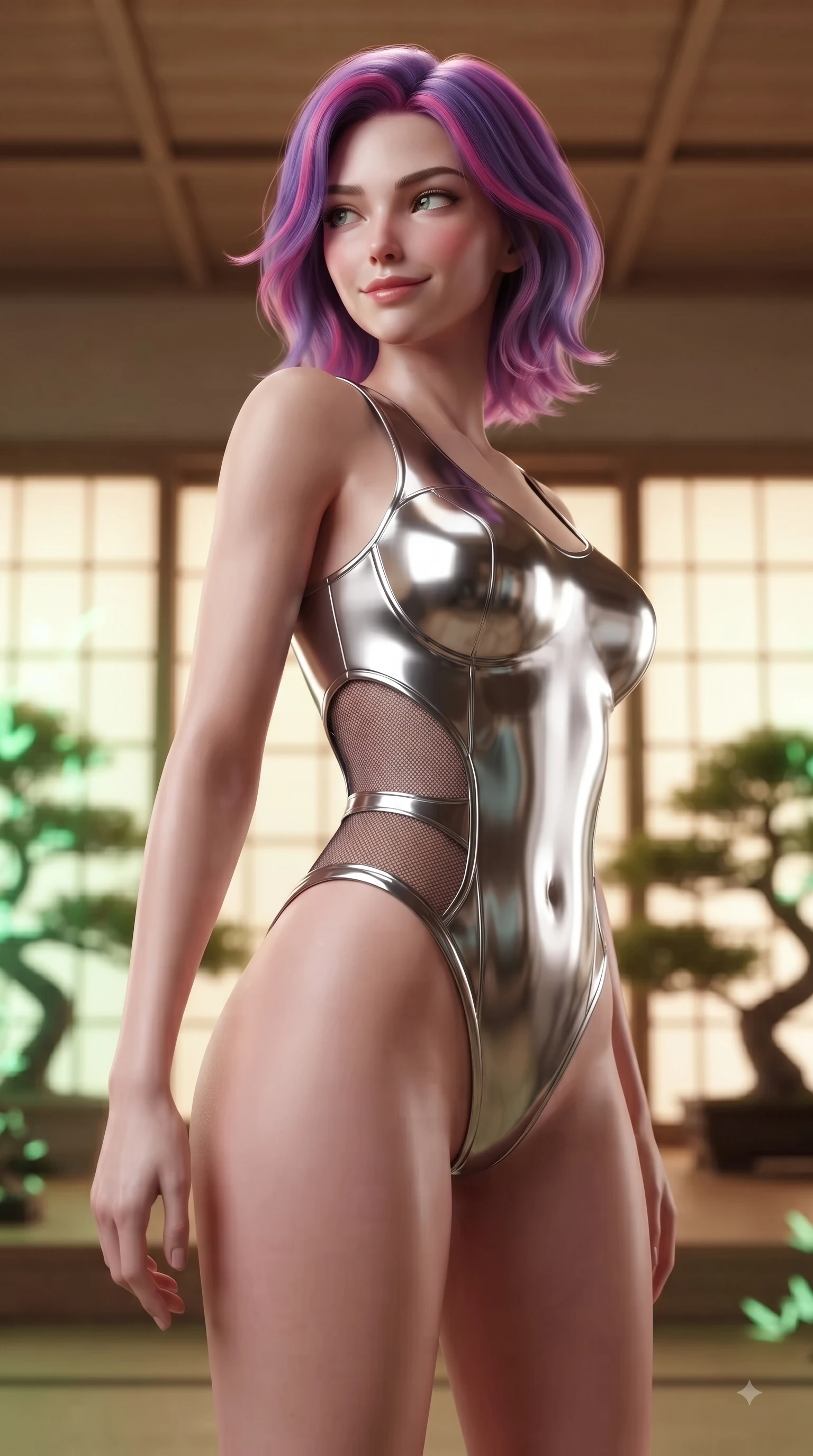 score_9, masterpiece, best quality, ultra-detailed, high-budget anime keyframe, editorial fashion photography, tasteful artistic composition, Caucasian woman woman. close-up cowboy shot from the waist and thighs up, the character dominates the composition, filling the frame with her large presence, background elements kept in soft focus. She has an exceptionally elegant, slender, and willowy female figure with an ultra-slim waist, a gracefully sculpted slender torso, and a refined silhouette. glancing sidelong over her shoulder with a smoldering, magnetic half-smile, flawlessly proportioned anatomical accuracy, natural body alignment, perfectly sculpted elegant limbs, clean dynamic posture without body distortion. set against a soft-focus background of a cyber-zen tea room with digital shoji screens and bonsai. wearing a high-cut chrome-plated structured bodice over fine dark mesh with side waist cutouts. bathed in soft warm wooden ambient glow with gentle green digital plant highlights. ultra-reflective glossy finish, specular highlights, metallic sheen, high-contrast stereoscopic depth, volumetric dynamic lighting, 2k, ultra detail, master piece, 9:16 ratio