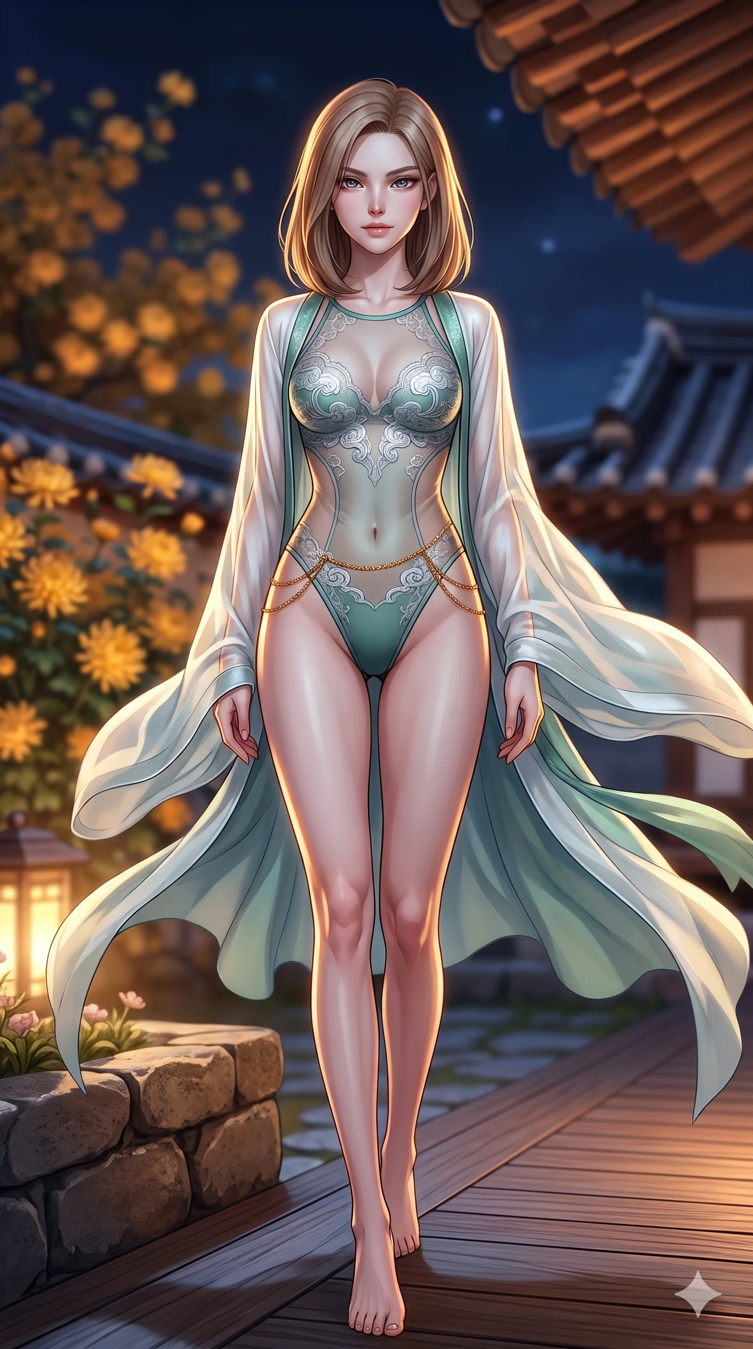 score_9, masterpiece, best quality, ultra-detailed, high-budget anime keyframe, semi-realistic 3D game render, editorial fashion photography, tasteful artistic composition, Korean woman. low angle full-body shot from head to toe showing her feet, filling the entire 9:16 vertical frame with her statuesque presence, stretching her vertical silhouette. striding across the moonlit timber deck as nocturnal breezes whip her garments open, accentuating her long slender legs and curvy hips while standing tall beside the stone flower bed in the hanok courtyard, arching her lower back to emphasize her curvy hips against the clay-tiled eaves. The background shows a soft-focus blooming autumn golden chrysanthemums and curved clay-tiled hanok eaves blurred into honey, terracotta, and indigo bokeh. She has an absolutely perfect, statuesque 8.5-heads proportion, an exceptionally tall and slender model-like female figure with impossibly long slender legs, an ultra-slim waist, a flat toned midriff, narrow delicate ribcage, and beautifully sculpted feminine hips creating a graceful, slim hourglass silhouette without any bulky heaviness. sharp v-shaped jawline, high-bridge nose, sparkling eyes with hypnotic seductive depth, thick curled eyelashes, glossy parted lips with a natural dewy peach sheen, alluring bedroom-eyes with an enchanting coquettish smile, exuding magnetic siren charisma and sophisticated glamour, flawlessly proportioned anatomical accuracy, strict slender model proportions, natural body alignment, perfectly sculpted long slender limbs, ultra-slim waistline, clean dynamic posture without body distortion. wearing a provocative sheer-illusion nanotech lace bodysuit with traditional cloud embroidery flocking and high-cut leg openings in moonlit jade green and pure alabaster white with silver accents, woven from fine semi-opaque stretch illusion mesh tracing every contour of her figure, finished with a dainty gold belly chain resting across her flat midriff and curving hips, the liquid-tight tailored fabric clinging flawlessly to her narrow waist and rounded feminine hips, emphasizing every millimeter of her sculpted slim hourglass curves without any bulky heaviness. illuminated by courtyard lantern bounce and sharp honey-gold rim lights sculpting her razor-sharp jawline, narrow waist, and curvy hips. highly saturated vibrant anime colors, detailed shading with soft gradients, rich glossy textures, high-contrast stereoscopic depth, volumetric dynamic lighting, master piece, 9:16 ratio
