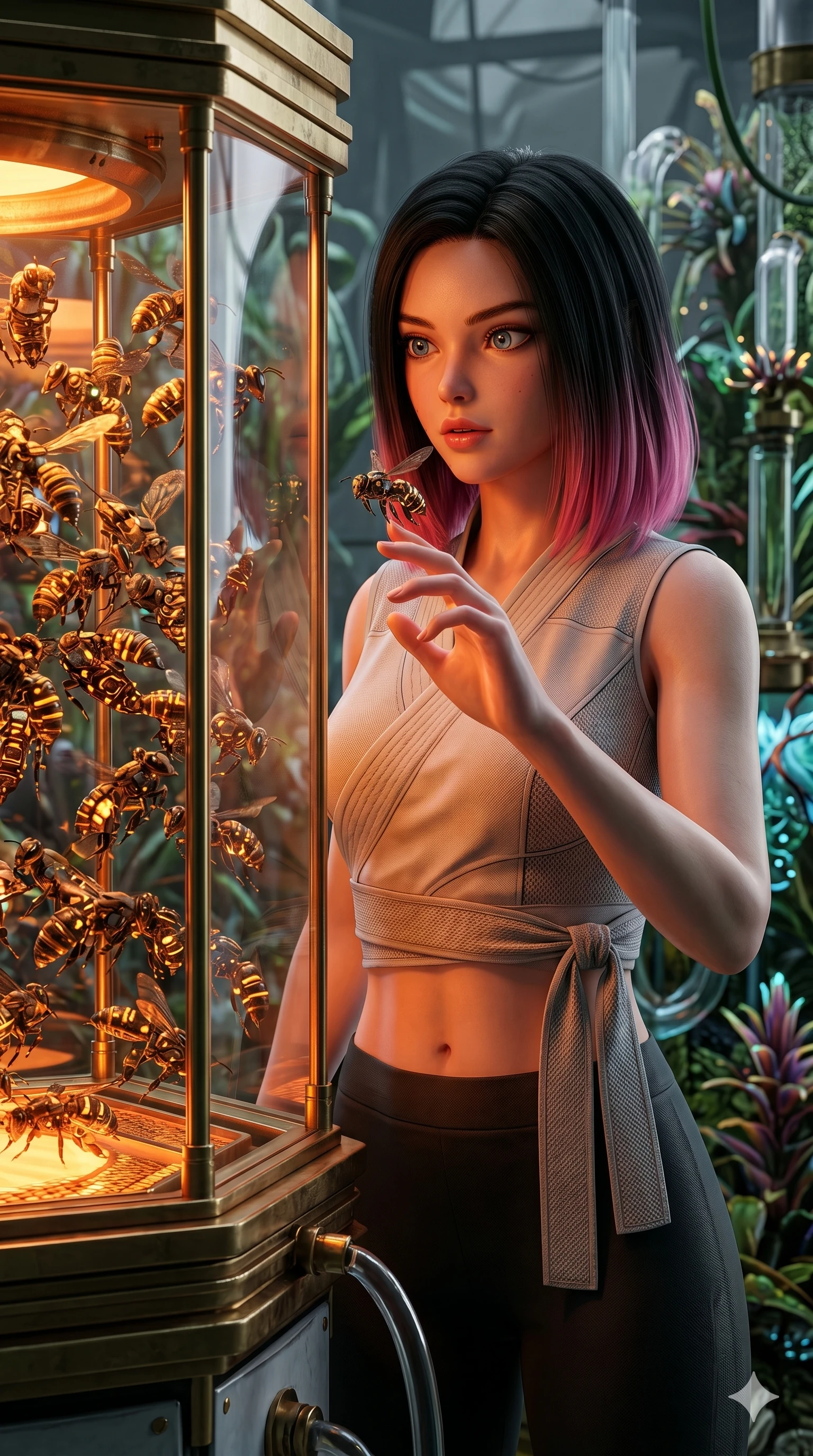 score_9, masterpiece, best quality, ultra-detailed, high-budget anime keyframe, semi-realistic 3D game render, Korean woman. Upper body close-up from the thighs up, character filling the screen for maximum presence. Inside a biotech garden next to a glass hive of robotic bees, watching the bees swarm with a fascinated, intense expression. She is wearing a cropped wrap top with delicate textured panels, a crossover collar, and sash. The scene is lit by the orange glow of the robotic hive and a white key light. 2k, ultra detail, master piece, 9:16 ratio