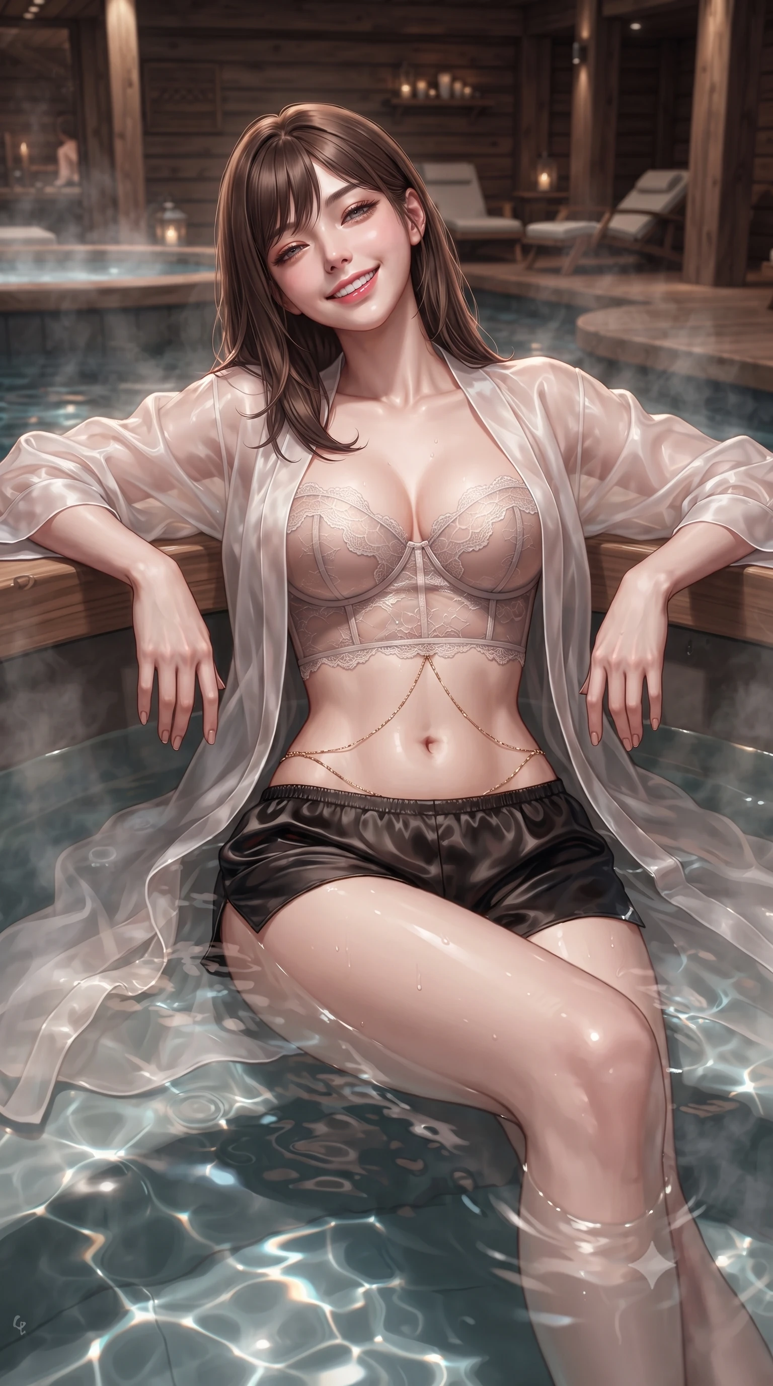 score_9, masterpiece, best quality, ultra-detailed, high-budget anime keyframe, editorial fashion photography, tasteful artistic composition, Korean woman. close-up cowboy shot from the waist and thighs up, the character dominates the composition, filling the frame with her large presence. leaning back against the balustrade with relaxed seductive grace, head tilted back slightly while casting a hypnotic, heavy-lidded gaze while lounging in the steaming tub propped on the cedar rim with legs extended, displaying her long slender limbs and hourglass curves. The surrounding environment is rendered in vivid detail and crisp panoramic clarity: detailed backless sheer illusion mesh catsuit, crystalline silver flocking, and Norwegian timber craft in high resolution. She has an exceptionally elegant, slender, and willowy female figure with an ultra-slim waist, flat toned midriff, narrow ribcage, and sculpted feminine hips creating an alluring, slim hourglass silhouette without bulk. sharp v-shaped jawline, high-bridge nose, intricate jewel-like sparkling eyes with depth, thick eyelashes, glossy parted lips with a natural peach sheen, bright cheerful beaming smile with an enchanting and coquettish sensual glint, exuding both youthful cute charm and seductive allure, flawlessly proportioned anatomical accuracy, strict slender model proportions, natural body alignment, perfectly sculpted long slender limbs, ultra-slim waistline, clean dynamic posture without body distortion. wearing a delicate translucent silk organza wrap robe worn loose over a sheer lace demi-bustier and satin tap pants in Kyoto moonlit sakura blush and polished urushi black, woven from buttery-soft stretch lambskin leather adhering to her body like a second skin, accented with a dainty gold belly chain resting across her flat midriff and curving hips, the second-skin tailored fabric adhering flawlessly to her sculpted flat midriff and slender torso, emphasizing her long leg lines and perfectly proportioned willowy build. illuminated by steaming tub caustics bounce and sharp silver-cyan rim lights defining her dewy collarbones, ultra-slim waist, and curvy hips. ultra-reflective glossy finish, specular highlights, rich textural contrasts, high-contrast stereoscopic depth, volumetric dynamic lighting, 2k, ultra detail, master piece, 9:16 ratio