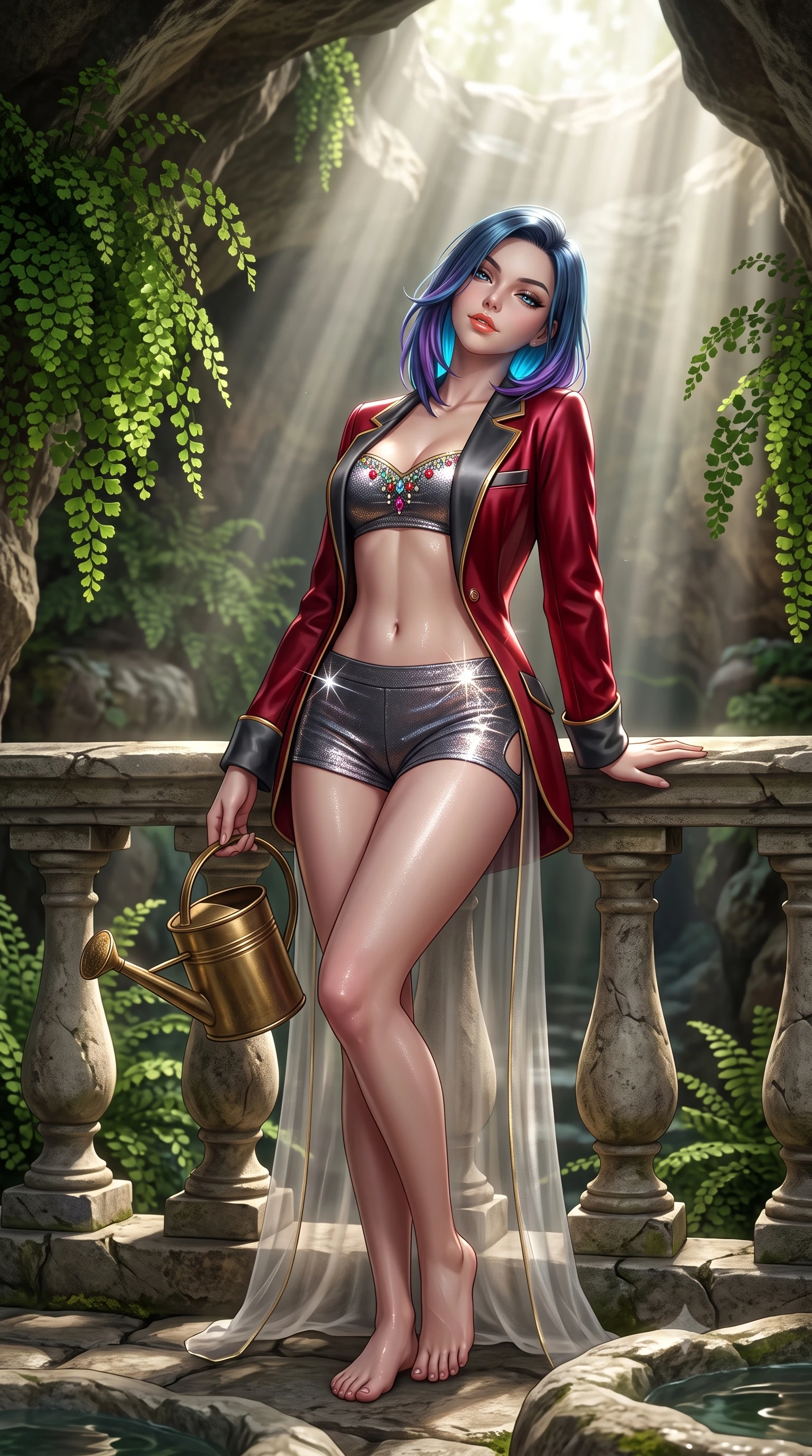 score_9, masterpiece, best quality, ultra-detailed, high-budget anime keyframe, semi-realistic 3D game render, editorial fashion photography, tasteful artistic composition, Caucasian woman. close-up cowboy shot from the waist and thighs up, the character dominates the composition, filling the frame with her large presence. leaning back against the balustrade with relaxed seductive grace, head tilted back slightly while casting a hypnotic, heavy-lidded gaze while standing poised on the natural stone basin floor beneath cascading maidenhair ferns, arching her back with breathtaking nymph purity and allure. The surrounding environment is rendered in vivid detail and crisp panoramic clarity: detailed sheer gossamer linen slip cling, glistening skin highlights, and natural geological grotto formations in high resolution. She has an exceptionally elegant, slender, and willowy female figure with an ultra-slim waist, flat toned midriff, narrow ribcage, and sculpted feminine hips creating an alluring, slim hourglass silhouette without bulk. sharp v-shaped jawline, high-bridge nose, sparkling eyes with hypnotic seductive depth, thick curled eyelashes, glossy parted lips with a natural dewy peach sheen, alluring bedroom-eyes with an enchanting coquettish smile, exuding magnetic siren charisma and sophisticated glamour, flawlessly proportioned anatomical accuracy, strict slender model proportions, natural body alignment, perfectly sculpted long slender limbs, ultra-slim waistline, clean dynamic posture without body distortion. wearing a tailored open-front smoking jacket worn over a jewel-embellished bandeau top and micro-shorts in rich cherry lacquer and smoky charcoal with gold piping, woven from stretch metallic lurex jersey casting radiant starlight glints across her silhouette, finished with an antique brass watering can held casually at her side, the precision-cut side openings and low-back scoop framing her graceful spine and the sensual sweep of her slim, toned hips. bathed in dramatic angled shafts of pure morning sunlight (god rays) penetrating the sunken cavern opening. highly saturated vibrant anime colors, detailed shading with soft gradients, rich glossy textures, high-contrast stereoscopic depth, volumetric dynamic lighting, master piece, 9:16 ratio