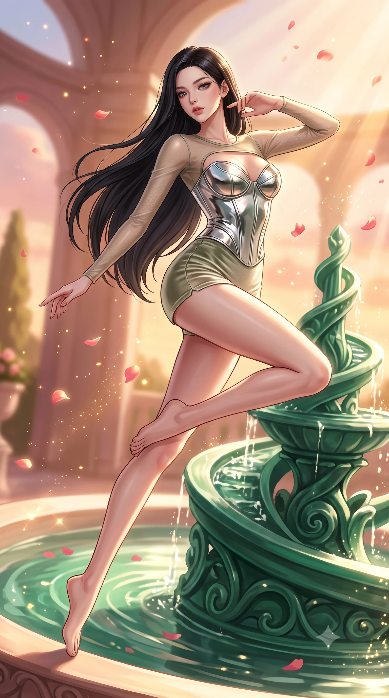 score_9, masterpiece, best quality, ultra-detailed, high-budget anime keyframe, editorial fashion photography, tasteful artistic composition, Korean woman. low angle full-body shot from head to toe showing her feet, filling the entire 9:16 vertical frame with her statuesque presence, stretching her vertical silhouette. leaping gracefully through mid-air with statuesque elegance, her impossibly long slender legs stretched in perfect balance while pivoting dynamically near an emerald spiral fountain in a sunlit sky garden, floating rose petals and golden solar dust sparkling in the warm air. She has an absolutely perfect, statuesque 8.5-heads proportion, an exceptionally tall and slender model-like female figure with impossibly long slender legs and an ultra-slim waist. sharp v-shaped jawline, high-bridge nose, intricate jewel-like eyes with depth, thick eyelashes, glossy lips with a natural sheen, flawlessly proportioned anatomical accuracy, natural body alignment, perfectly sculpted elegant limbs, clean dynamic posture without body distortion. wearing a chrome-plated structured bodice worn over a sheer mesh top and micro-shorts in sage green and oatmeal, made of premium stretch velvet with a rich sheen, accented with a Tasteful chest slit framing her clavicle gracefully, the form-contouring material highlighting her ultra-slim waist and long lines. bathed in glorious golden hour sunbeams and warm rose-gold ambient light. highly saturated vibrant anime colors, detailed shading with soft gradients, rich glossy textures, high-contrast stereoscopic depth, volumetric dynamic lighting, master piece, 9:16 ratio