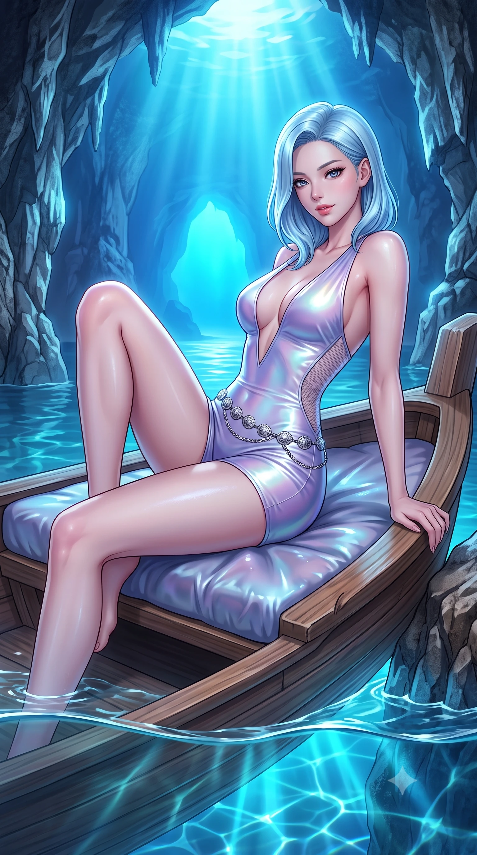 score_9, masterpiece, best quality, ultra-detailed, high-budget anime keyframe, semi-realistic 3D game render, editorial fashion photography, tasteful artistic composition, Korean woman. close-up cowboy shot from the waist and thighs up, the character dominates the composition, filling the frame with her large presence. perched sideways on the lounge seat, one knee drawn up to showcase her slender leg line while her arched back accentuates her feminine hip curve while reclining on the small wooden rowboat propped on one hand, her wet-look silhouette radiating supernatural Mediterranean beauty. The surrounding environment is rendered in vivid detail and crisp panoramic clarity: sharp limestone cave wall texture, water surface meniscus clarity, and glowing underwater light beam refraction in deep focus. She has an exceptionally elegant, slender, and willowy female figure with an ultra-slim waist, flat toned midriff, narrow ribcage, and sculpted feminine hips creating an alluring, slim hourglass silhouette without bulk. sharp v-shaped jawline, high-bridge nose, sparkling eyes with hypnotic seductive depth, thick curled eyelashes, glossy parted lips with a natural dewy peach sheen, alluring bedroom-eyes with an enchanting coquettish smile, exuding magnetic siren charisma and sophisticated glamour, flawlessly proportioned anatomical accuracy, strict slender model proportions, natural body alignment, perfectly sculpted long slender limbs, ultra-slim waistline, clean dynamic posture without body distortion. wearing a deep V-neck wet-look liquid lycra romper with side-torso mesh inserts accentuating her hourglass curves in iridescent mother-of-pearl and dusk lavender, crafted from fluid liquid silk satin that clings smoothly to every curve with a dewy sheen, accented with an intricate silver concho waist chain resting loosely on her curvy hips, the second-skin tailored fabric adhering flawlessly to her sculpted flat midriff and slender torso, emphasizing her long leg lines and perfectly proportioned willowy build. bathed in ethereal glowing cobalt-and-cyan light radiating upward through the submerged cave opening. highly saturated vibrant anime colors, detailed shading with soft gradients, rich glossy textures, high-contrast stereoscopic depth, volumetric dynamic lighting, master piece, 9:16 ratio