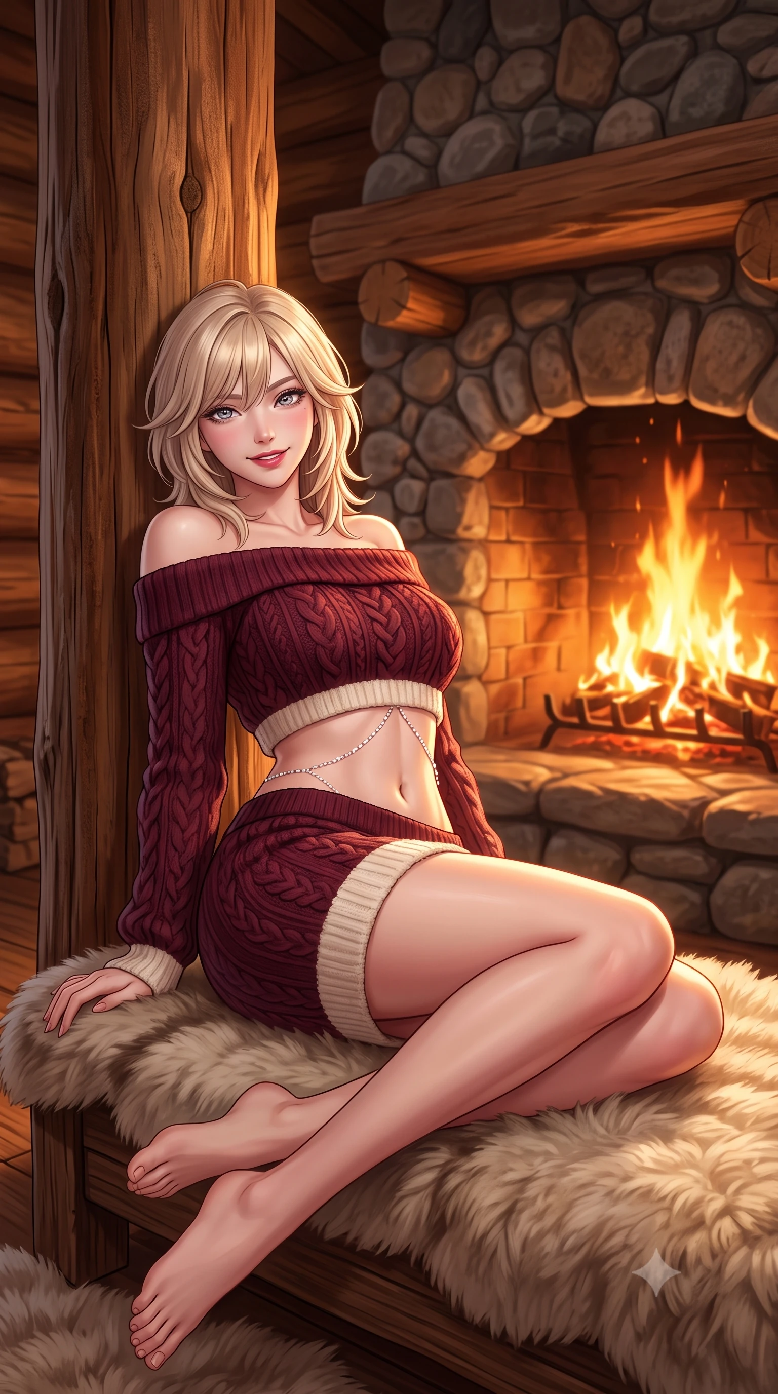 score_9, masterpiece, best quality, ultra-detailed, high-budget anime keyframe, semi-realistic 3D game render, editorial fashion photography, tasteful artistic composition, Japanese woman. low angle full-body shot from head to toe showing her feet, filling the entire 9:16 vertical frame with her statuesque presence, stretching her vertical silhouette. reclining languidly on her side across the fur-draped daybed with one knee drawn up, her radiant smile and arched hip curve commanding the 9:16 vertical frame with youthful sensual charisma while standing poised beside the massive cedar beam pillar with hips cocked back, looking into the lens with a teasing half-smile as flames illuminate her curves. The surrounding environment is rendered in vivid detail and crisp panoramic clarity. sharp river-rock masonry texture, hand-hewn cedar log grain, and plush sheepskin wool fibers in deep focus. She has an exceptionally tall and slender model-like 8.5-heads proportion, an ultra-slim waist, a flat toned midriff, narrow delicate ribcage, and beautifully sculpted feminine hips creating a graceful, slim hourglass silhouette without any bulky heaviness, with impossibly long slender legs. sharp v-shaped jawline, high-bridge nose, sparkling ice-crystal eyes with depth, frosty thick lashes, glossy parted lips with a rosy berry sheen, bright playful smile with an intoxicating seductive glint, rosy flushed cheeks radiating cozy warmth and dangerous allure, flawlessly proportioned anatomical accuracy, strict slender model proportions, natural body alignment, perfectly sculpted long slender limbs, ultra-slim waistline, clean dynamic posture without body distortion. wearing an off-shoulder cable-knit crop sweater paired with a curve-hugging knit mini skirt tracing her hips in deep burgundy wine and soft ivory fleece, crafted from ultra-soft pure Mongolian cashmere yarn with an airy cozy drape, accented with a delicate crystal body chain catching the snowy ambient light, the form-fitting cut adhering flawlessly to her sculpted flat midriff and slender torso, emphasizing her long leg lines and perfectly proportioned willowy build. bathed in dynamic, dancing amber and orange firelight from the monumental hearth. highly saturated vibrant anime colors, detailed shading with soft gradients, rich glossy textures, high-contrast stereoscopic depth, volumetric dynamic lighting, master piece, 9:16 ratio