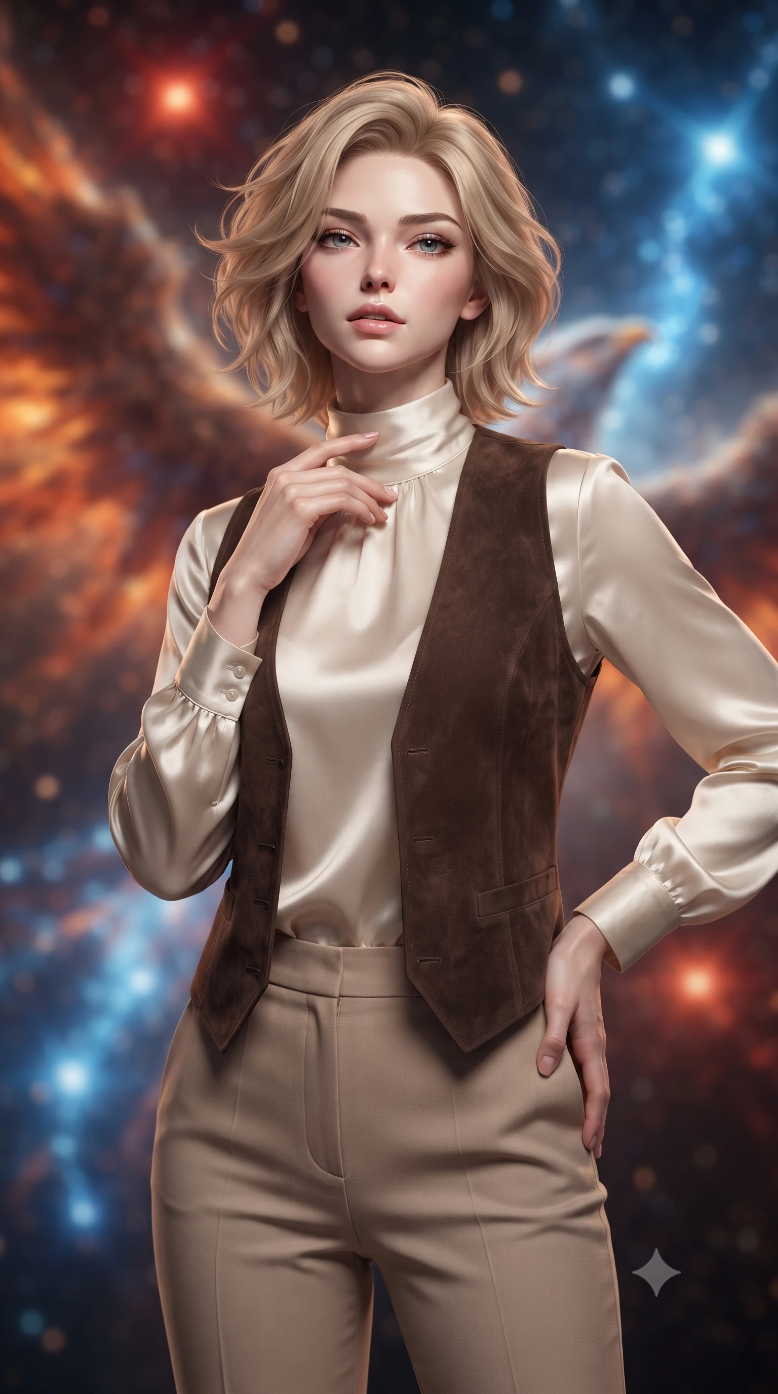 score_9, masterpiece, best quality, ultra-detailed, high-budget anime keyframe, editorial fashion photography, tasteful artistic composition, Caucasian woman, strictly human ears. close-up cowboy shot from the waist and thighs up, the character dominates the composition, filling the frame with her large presence, background elements kept in soft focus. Tilting her chin up slightly with lips parted in a composed expression. set against a soft-focus background of inside a spectacular nebula naturally shaped like a cosmic phoenix where dying red giant stars shed their outer layers in explosive color birthing brilliant new blue-white stars in cascading chain reactions. She has an exceptionally elegant and slender, willowy female figure with an ultra-slim waist, a gracefully sculpted slender torso, and a refined slim physique. sharp v-shaped jawline, high-bridge nose, intricate jewel-like eyes with depth, thick eyelashes, glossy lips with a natural sheen. wearing a high-neck ivory silk blouse under a dark brown suede vest, paired with beige tailored trousers. dramatic contrast between dying red giant warm crimson light and newborn blue-white star brilliance creating a phoenix palette of fire orange and electric blue rebirth light. 2k, ultra detail, master piece, 9:16 ratio