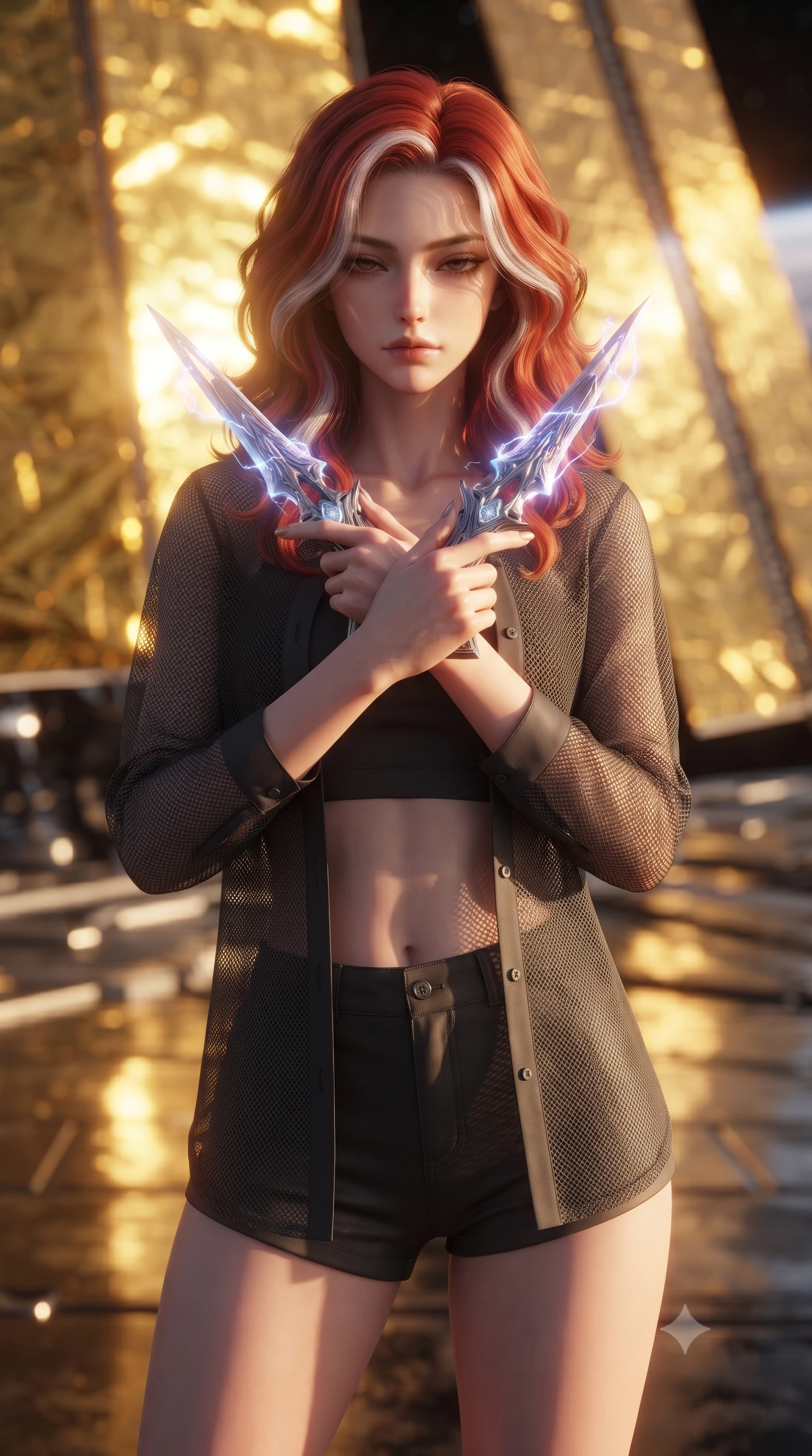 score_9, masterpiece, best quality, ultra-detailed, high-budget anime keyframe, editorial fashion photography, tasteful artistic composition, Caucasian woman. close-up cowboy shot from the waist and thighs up, the character dominates the composition, filling the frame with her large presence, background elements kept in soft focus. holding two energy daggers crossed in front of her elegant collarbone, casting a heavy-lidded, sultry look, the background shows a soft-focus the reflective carbon-foil deck of a massive orbital solar-sail ship. She has an exceptionally elegant, slender, and willowy female figure with an ultra-slim waist, a gracefully sculpted slender torso, and a refined silhouette. sharp v-shaped jawline, high-bridge nose, intricate jewel-like eyes with depth, thick eyelashes, glossy lips with a natural sheen. wearing a tailored lightweight carbon-mesh cover-up shirt worn open over a crop top and high-cut combat shorts. intense solar glare reflecting off gold foil, casting harsh, metallic side-key light. ultra-reflective glossy finish, specular highlights, metallic sheen, high-contrast stereoscopic depth, volumetric dynamic lighting, 2k, ultra detail, master piece, 9:16 ratio