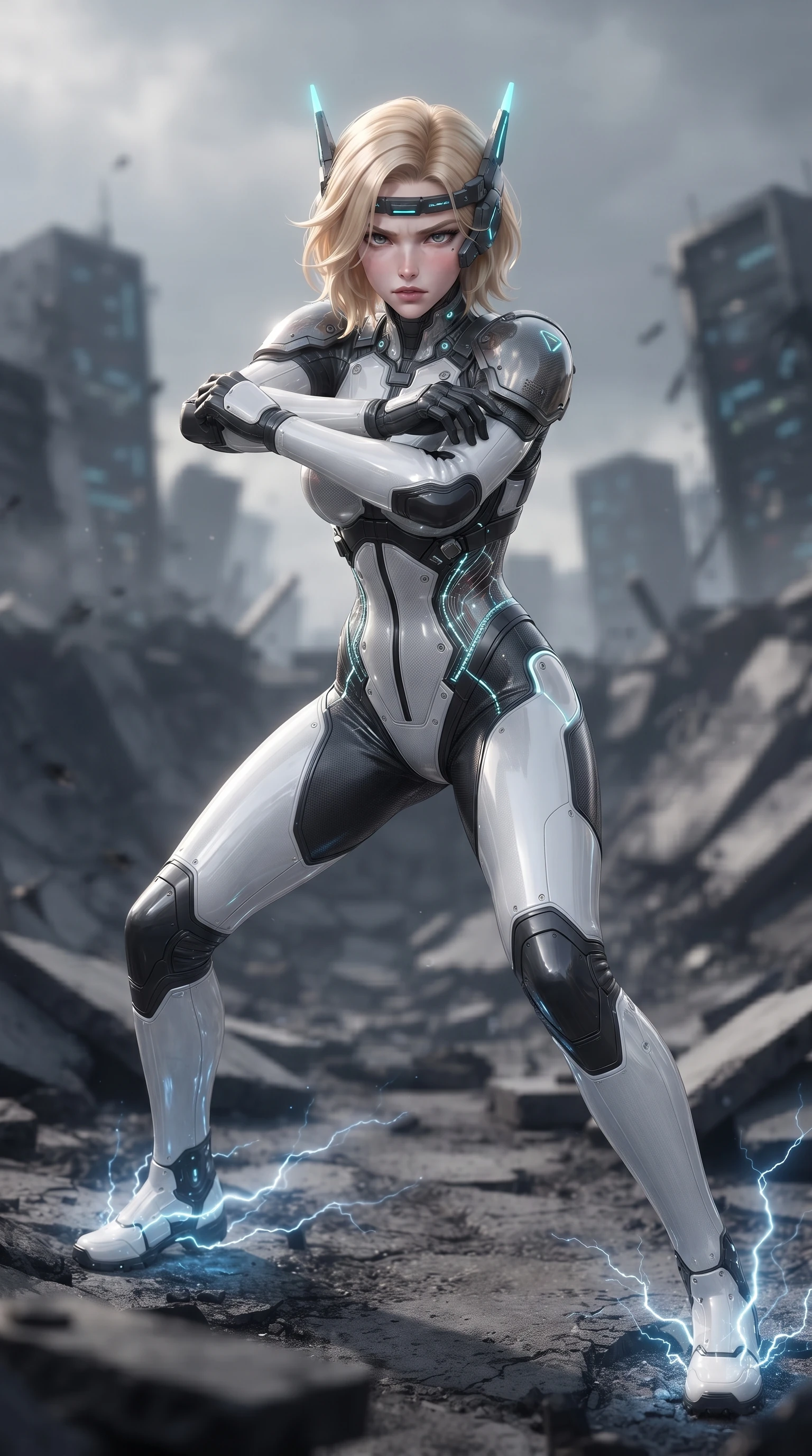 score_9, masterpiece, best quality, ultra-detailed, high-budget anime keyframe, editorial fashion photography, tasteful artistic composition, Caucasian woman. close-up cowboy shot from the waist and thighs up, the character dominates the composition, filling the frame with her large presence. shifting into a low cat-stance with arms crossed defensively, glowing energy conduits tracing her ultra-slim waist and sculpted clavicle while landing gracefully in the crater of a massive electromagnetic EMP blast as dying blue lightning arcs ground through her boots. The composition keeps background elements in soft focus with creamy bokeh. shattered server towers and blackened concrete slabs softened in smooth atmospheric depth of field. She has an exceptionally elegant, slender, and willowy female figure with an ultra-slim waist, a gracefully sculpted slender torso, toned flat midriff, and a refined slim silhouette. sharp v-shaped jawline, high-bridge nose, intricate jewel-like eyes with depth, thick eyelashes, glossy lips with a natural sheen, fierce and resolute heroine expression, flawlessly proportioned anatomical accuracy, strict slender model proportions, natural body alignment, perfectly sculpted long slender limbs, ultra-slim waistline, clean dynamic posture without body distortion. wearing a lightweight carbon-fiber tactical sensory headpiece with glowing cyan ear-antennae and an ultra-thin forehead HUD brow-band, paired with a heavy modular carbon-fiber combat cuirass paired with a second-skin tactical leotard and reinforced titanium shoulder pauldrons in monochrome white enamel carbon with high-contrast black tactical panels, crafted from semi-translucent cybernetic carbon-vinyl interwoven with glowing micro-filaments, accented with glowing fiber-optic telemetry conduits tracing her collarbones and hip curves, the form-contouring material adhering flawlessly to her sculpted flat midriff and slender torso, emphasizing her long leg lines and perfectly proportioned willowy build. illuminated by crisp directional rim lights sharply defining her ultra-slim waist, long legs, and flat midriff. ultra-reflective glossy finish, specular highlights, dark metallic sheen, high-contrast stereoscopic depth, volumetric dynamic lighting, 2k, ultra detail, master piece, 9:16 ratio