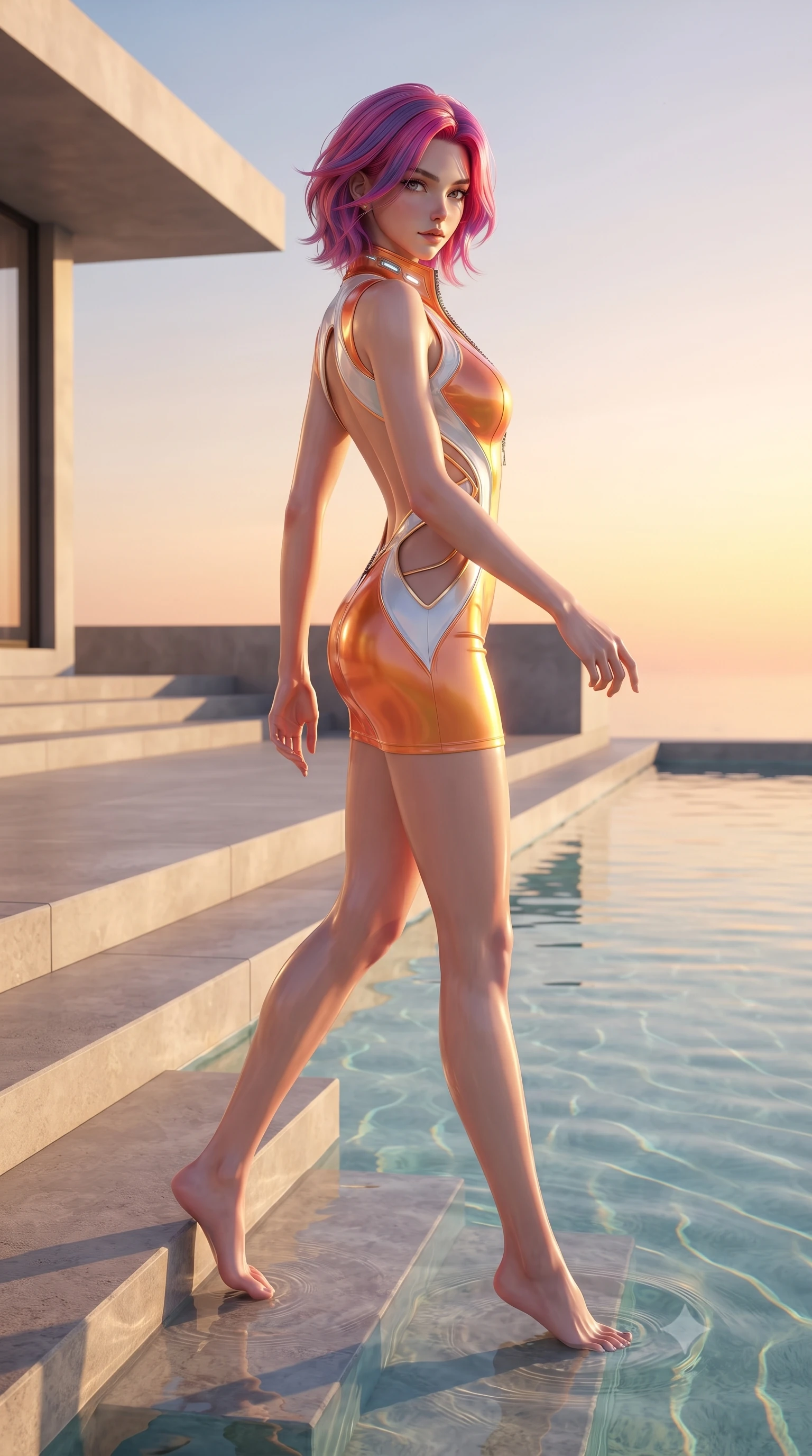 score_9, masterpiece, best quality, ultra-detailed, high-budget anime keyframe, editorial fashion photography, tasteful artistic composition, Caucasian woman. low angle full-body shot from head to toe showing her feet, filling the entire 9:16 vertical frame with her statuesque presence, stretching her vertical silhouette. arching her back in a fluid zero-gravity turn with sovereign grace, her long slender legs and sculpted torso creating a sweeping line while stepping down stone villa steps into clear pool water with an enticing, dangerous smolder. The surrounding environment is rendered in vivid detail and crisp panoramic clarity. crisp golden sand ripple patterns, glowing sunset sky gradients, and clean architectural lines in high clarity. She has an absolutely perfect, statuesque 8.5-heads proportion, an exceptionally tall and slender model-like female figure with impossibly long slender legs, a toned flat midriff, and an ultra-slim waist. sharp v-shaped jawline, high-bridge nose, intricate jewel-like eyes with depth, thick eyelashes, glossy lips with a natural sheen, flawlessly proportioned anatomical accuracy, strict slender model proportions, natural body alignment, perfectly sculpted long slender limbs, ultra-slim waistline, clean dynamic posture without body distortion. wearing a second-skin fashion-latex mini dress with a clean architectural front, featuring an open-back design that wraps around the sides of her waist, showcasing her slender silhouette in vivid sunset amber orange and cloud white, made of smooth iridescent silk chiffon that shifts colors with movement, featuring a dangerously unzipped neckline framed by glowing cybernetic accents, the liquid-tight tailored fabric emphasizing every curve of her tall, slender model proportions and sculptured silhouette during dynamic movement. illuminated by crisp golden rim highlights sharply defining her ultra-slim waist and long legs. ultra-reflective glossy finish, specular highlights, metallic sheen, high-contrast stereoscopic depth, volumetric dynamic lighting, 2k, ultra detail, master piece, 9:16 ratio