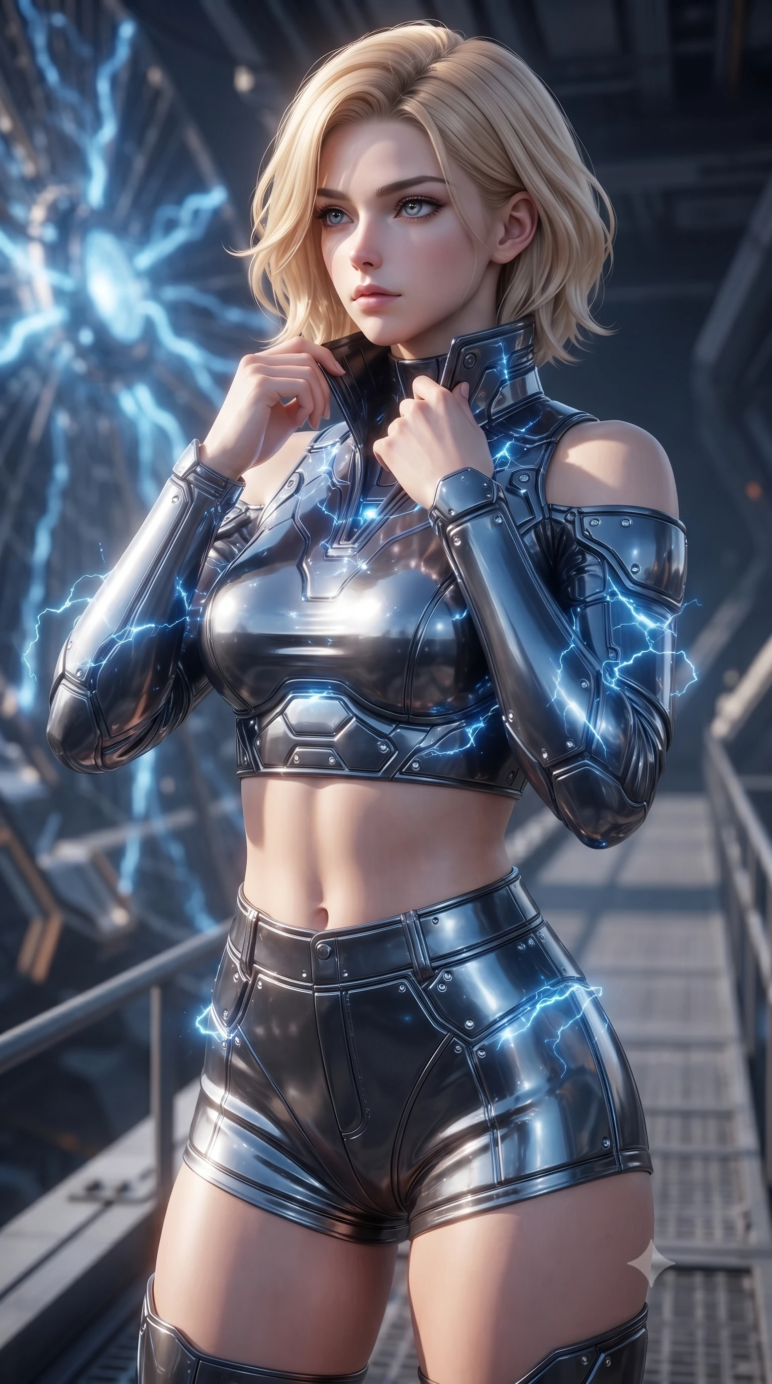 score_9, masterpiece, best quality, ultra-detailed, high-budget anime keyframe, editorial fashion photography, tasteful artistic composition, Caucasian woman. close-up cowboy shot from the waist and thighs up, the character dominates the composition, filling the frame with her large presence, background elements kept in soft focus. adjusting the high collar of her body-hugging suit, looking past the camera with quiet, sharp focus and a composed expression, the background shows a soft-focus a maintenance catwalk tracking along the edge of a solar wind collector. She has an exceptionally elegant, slender, and willowy female figure with an ultra-slim waist, a gracefully sculpted slender torso, and a refined silhouette. sharp v-shaped jawline, high-bridge nose, intricate jewel-like eyes with depth, thick eyelashes, glossy lips with a natural sheen. wearing a tailored chic off-shoulder carbon-plate crop top, paired with high-waisted utility micro-shorts. arcs of blue solar plasma discharging and illuminating her carbon armor. ultra-reflective glossy finish, specular highlights, metallic sheen, high-contrast stereoscopic depth, volumetric dynamic lighting, 2k, ultra detail, master piece, 9:16 ratio
