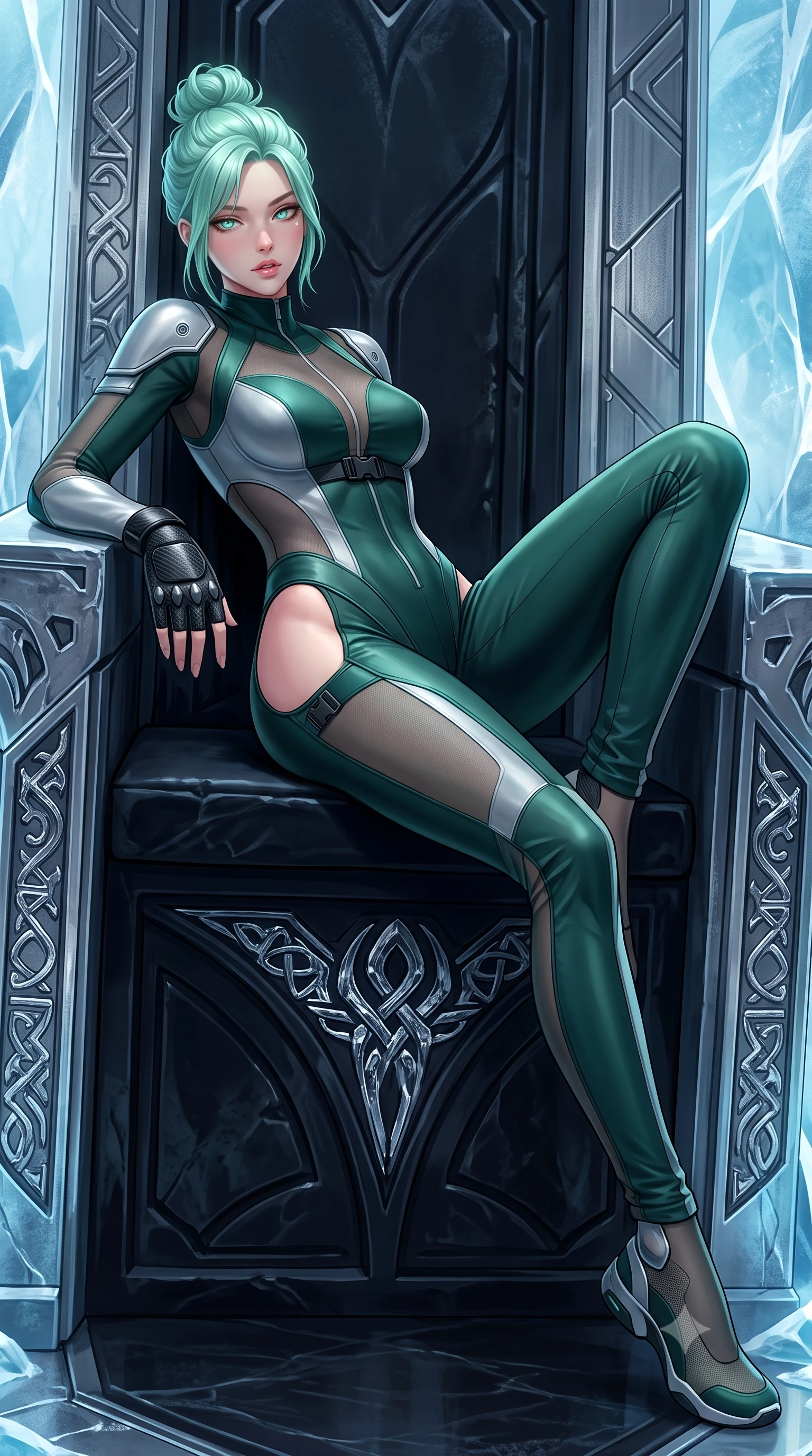 score_9, masterpiece, best quality, ultra-detailed, high-budget anime keyframe, semi-realistic 3D game render, editorial fashion photography, tasteful artistic composition, Japanese woman. low angle full-body shot from head to toe showing her feet, filling the entire 9:16 vertical frame with her statuesque presence, stretching her vertical silhouette. leaning deep against the structural architecture with hips cocked in an unapologetically bold, seductive high-fashion stance while reclining on a carved obsidian throne propped on one elbow, eyes glowing with supernatural magnetism as she glances past the camera. The surrounding environment is rendered in vivid detail and crisp panoramic clarity. sharp chrome runestone carvings, glacier ice fissure clarity, and titanium armor panel seams in deep focus. She has an absolutely perfect, statuesque 8.5-heads proportion, an exceptionally tall and slender model-like female figure with impossibly long slender legs, a toned flat midriff, an ultra-slim waist, and beautifully sculpted feminine hips. sharp v-shaped jawline, high-bridge nose, intricate jewel-like eyes with depth, thick eyelashes, glossy parted lips with a natural sheen, intensely captivating and seductive bedroom-eyes expression, flawlessly proportioned anatomical accuracy, strict slender model proportions, natural body alignment, perfectly sculpted long slender limbs, ultra-slim waistline, clean dynamic posture without body distortion. wearing a form-contouring high-tech valkyrie jumpsuit featuring sheer contouring mesh panels and reinforced shoulders in deep spruce green and liquid silver, made of breathable technical athletic mesh and liquid-finish track nylon, finished with discreet carbon fiber knuckle guards and matte black buckles, the precision-cut side openings and low-back scoop framing her graceful spine and the sensual sweep of her hips. surrounded by an indomitable, lethal, and breathtakingly majestic cyber-valkyrie goddess aura. highly saturated vibrant anime colors, detailed shading with soft gradients, rich glossy textures, high-contrast stereoscopic depth, volumetric dynamic lighting, master piece, 9:16 ratio