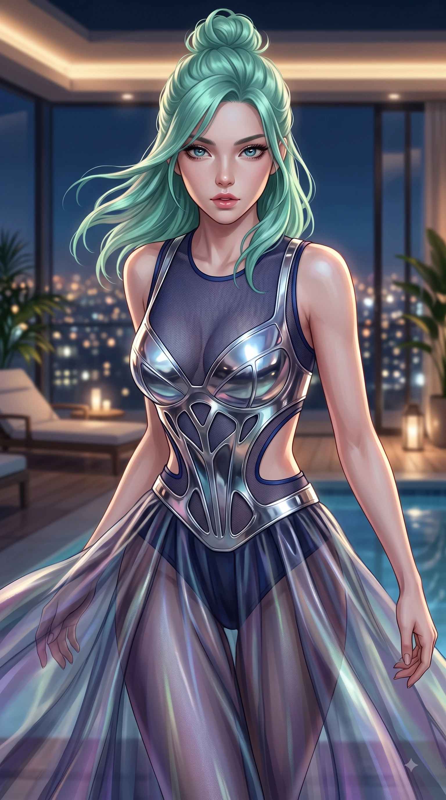 score_9, masterpiece, best quality, ultra-detailed, high-budget anime keyframe, editorial fashion photography, tasteful artistic composition, Japanese woman. close-up cowboy shot from the waist and thighs up, the character dominates the composition, filling the frame with her large presence, background elements kept in soft focus. Leaning forward gracefully with lips parted, casting a smoldering magnetic gaze directly into the lens while stepping along a private pool terrace as gentle night breezes flutter her translucent gossamer gown, glistening city lights twinkling softly through floor-to-ceiling glass in the background. She has an exceptionally elegant, slender, and willowy female figure with an ultra-slim waist, a gracefully sculpted slender torso, and a refined silhouette. sharp v-shaped jawline, high-bridge nose, intricate jewel-like eyes with depth, thick eyelashes, glossy lips with a natural sheen, flawlessly proportioned anatomical accuracy, natural body alignment, perfectly sculpted elegant limbs, clean dynamic posture without body distortion. wearing a chrome-plated structured bodice worn over a sheer mesh top and micro-shorts in midnight navy blue and chrome trim, crafted from iridescent chiffon that shifts colors in the light, featuring clean architectural cutouts along her slender torso, the sleek second-skin texture accentuating her magnetic presence. bathed in warm luxury ambient lighting and soft silver moonlight tracing every curve. ultra-reflective glossy finish, specular highlights, metallic sheen, high-contrast stereoscopic depth, volumetric dynamic lighting, 2k, ultra detail, master piece, 9:16 ratio