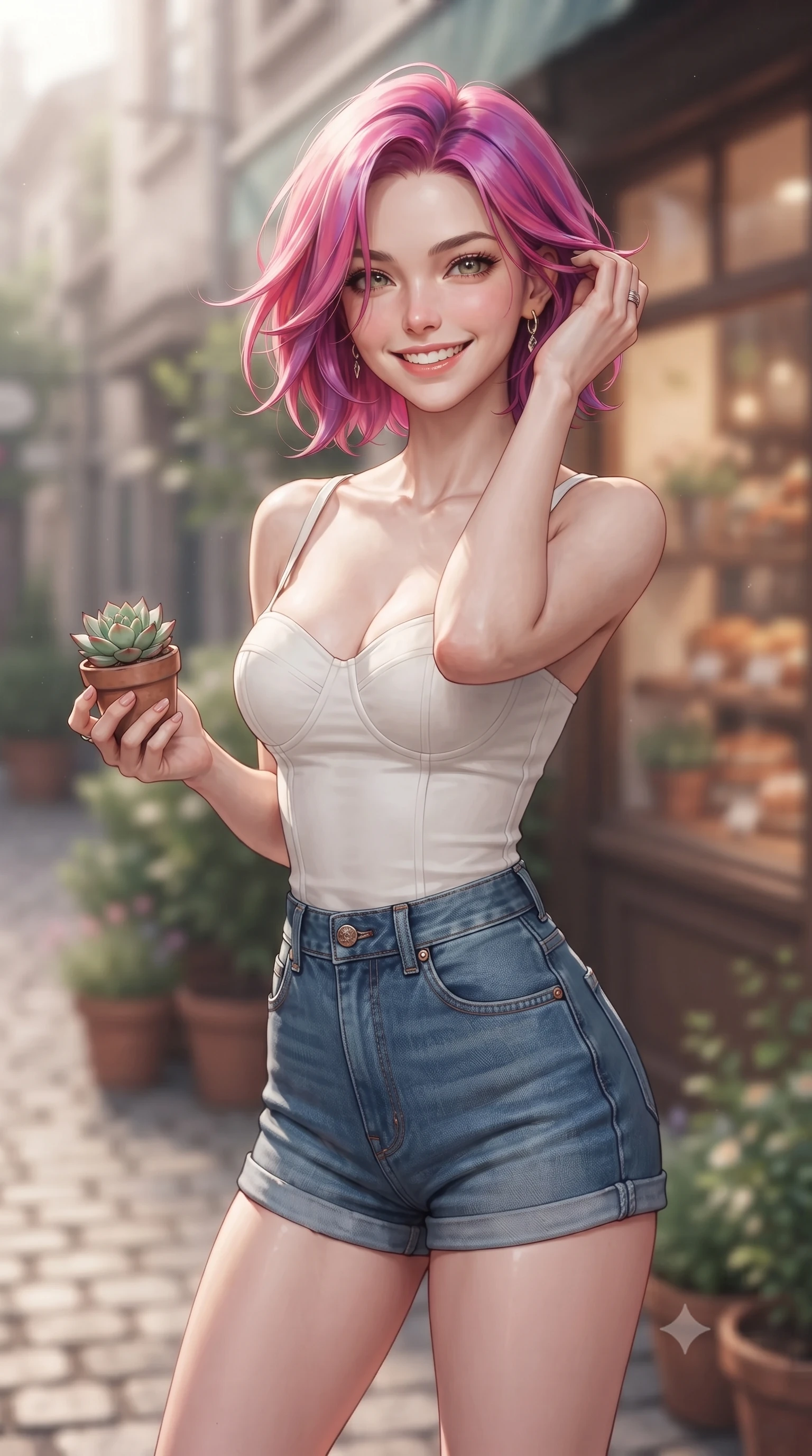 score_9, masterpiece, best quality, ultra-detailed, high-budget anime keyframe, editorial fashion photography, tasteful artistic composition, Caucasian woman. close-up cowboy shot from the waist and thighs up, the character dominates the composition, filling the frame with her large presence, background elements kept in soft focus. flashing an intoxicating, sunny grin while brushing a strand of hair away from her face set against a soft-focus background of in front of a cozy bakery shop in a quiet residential alley holding a small potted succulent with a delighted, cute expression. She has an exceptionally elegant, slender, and willowy female figure with an ultra-slim waist, a gracefully sculpted slender torso, and a refined silhouette. sharp v-shaped jawline, high-bridge nose, intricate jewel-like eyes with depth, thick eyelashes, glossy lips with a natural sheen. wearing body-hugging tailored cotton bustier top paired with high-waist denim shorts. soft diffused daylight creating a warm, cozy and nostalgic atmosphere. ultra-reflective glossy finish, specular highlights, metallic sheen, high-contrast stereoscopic depth, volumetric dynamic lighting, 2k, ultra detail, master piece, 9:16 ratio