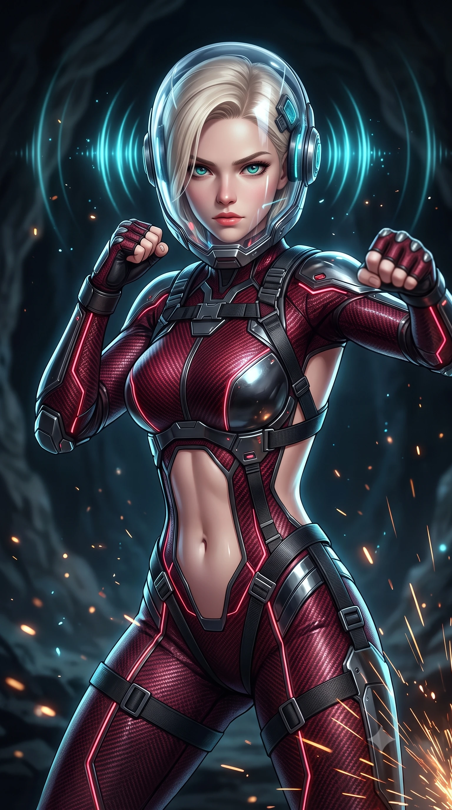 score_9, masterpiece, best quality, ultra-detailed, high-budget anime keyframe, semi-realistic 3D game render, editorial fashion photography, tasteful artistic composition, Caucasian woman. close-up cowboy shot from the waist and thighs up, the character dominates the composition, filling the frame with her large presence. in a razor-sharp Panzer Kunst fighting guard with raised fists, captivating jewel-like eyes locked onto the viewer with fierce, resolute determination while pivoting dynamically as her cybernetic ear-sensor crown pulses with rhythmic cyan sonar waves that ripple through the gloom. The composition keeps background elements in soft focus with creamy bokeh. sparkling sonar pulse rings and grinding metal sparks scattering light motes across a dark cavern backdrop. She has an exceptionally elegant, slender, and willowy female figure with an ultra-slim waist, a gracefully sculpted slender torso, toned flat midriff, and a refined slim silhouette. sharp v-shaped jawline, high-bridge nose, intricate jewel-like eyes with depth, thick eyelashes, glossy lips with a natural sheen, fierce and resolute heroine expression, flawlessly proportioned anatomical accuracy, strict slender model proportions, natural body alignment, perfectly sculpted long slender limbs, ultra-slim waistline, clean dynamic posture without body distortion. wearing a crystal-clear transparent armored riot-visor helmet showing her entire beautiful face and determined expression with pristine clarity, paired with a tailored tactical combat jumpsuit with an open-back harness design, reinforced composite breastplate, and high-mobility elbow dampers in deep battle-scarred crimson carbon weave with specular dark chrome accents, crafted from semi-translucent cybernetic carbon-vinyl interwoven with glowing micro-filaments, reinforced by a heavy-duty titanium tactical harness and glowing micro-energy status straps, the sleek second-skin cut tightly hugging her graceful clavicle, narrow waist, and feminine curves with athletic precision. illuminated by crisp specular highlights tracing her sculpted flat midriff, bare spine, and slender limbs. rich saturated anime colors with glowing neon highlights, detailed shading with soft gradients, rich glossy textures, high-contrast stereoscopic depth, volumetric dynamic lighting, master piece, 9:16 ratio