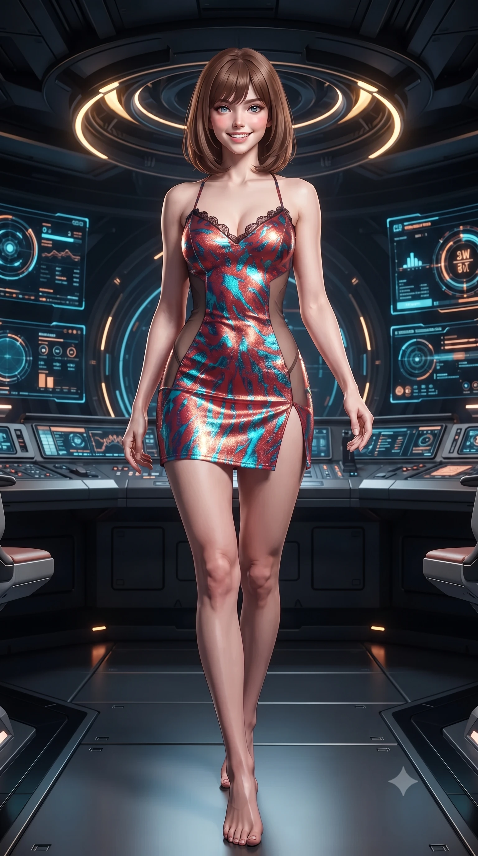 score_9, masterpiece, best quality, ultra-detailed, high-budget anime keyframe, editorial fashion photography, tasteful artistic composition, Caucasian woman. low angle full-body shot from head to toe showing her feet, filling the entire 9:16 vertical frame with her statuesque presence, stretching her vertical silhouette. stepping slowly toward the camera with hypnotic grace, hips swaying in an alluring sensual rhythm that accentuates her curvy hourglass silhouette and long slender legs while twisting her slender torso in an alluring S-curve, brilliant relativity light arcs curving around her flat midriff and hourglass curves. The surrounding environment is rendered in vivid detail and crisp panoramic clarity: sharp black chrome console edges, relativistic light ring fringes, and holographic flight telemetry readouts in deep focus. She has an exceptionally tall and slender model-like 8.5-heads proportion, an ultra-slim waist, a flat toned midriff, narrow delicate ribcage, and beautifully sculpted feminine hips creating a graceful, slim hourglass silhouette without any bulky heaviness, with impossibly long slender legs. sharp v-shaped jawline, high-bridge nose, intricate jewel-like sparkling eyes with depth, thick eyelashes, glossy parted lips with a natural peach sheen, bright cheerful beaming smile with an enchanting and coquettish sensual glint, exuding both youthful cute charm and seductive allure, flawlessly proportioned anatomical accuracy, strict slender model proportions, natural body alignment, perfectly sculpted long slender limbs, ultra-slim waistline, clean dynamic posture without body distortion. wearing a backless liquid foil mini dress with criss-cross spinal straps and daring side slit in cyber-shinto vermilion and electric teal, featuring strategic sheer-illusion tulle side panels framing her ribcage and hips, finished with scalloped eyelash lace trim framing her sweetheart neckline with intimate elegance, the second-skin tailored fabric adhering flawlessly to her sculpted flat midriff and slender torso, emphasizing her long leg lines and perfectly proportioned willowy build. illuminated by console screen bounce and sharp relativistic gold rim lights defining her razor-sharp jawline, narrow waist, and curvy hips. ultra-reflective glossy finish, specular highlights, rich textural contrasts, high-contrast stereoscopic depth, volumetric dynamic lighting, 2k, ultra detail, master piece, 9:16 ratio