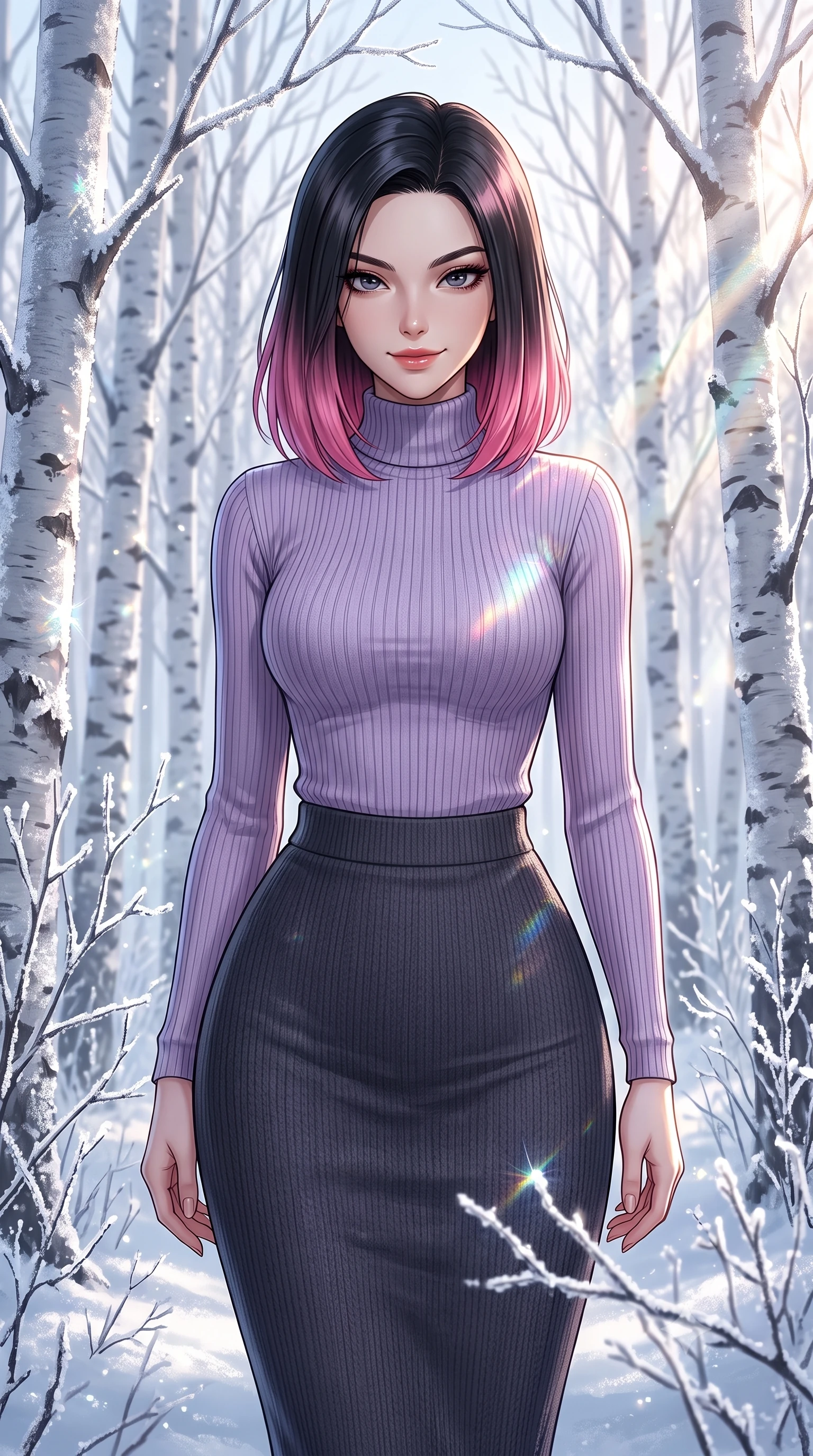 score_9, masterpiece, best quality, ultra-detailed, high-budget anime keyframe, editorial fashion photography, tasteful artistic composition, Korean woman. close-up cowboy shot from the waist and thighs up, the character dominates the composition, filling the frame with her large presence, background elements kept in soft focus. Exhibiting a confident, playful smirk directly into the camera. set against a soft-focus background of walking through a quiet white birch grove where every twig is coated in a thick layer of crystal frost at sunrise. She has an exceptionally elegant, slender, and willowy female figure with a highly-defined ultra-slim waist, a gracefully sculpted slender torso, and a refined slim-fit silhouette that contours her form. sharp v-shaped jawline, high-bridge nose, intricate jewel-like eyes with depth, thick eyelashes, glossy lips with a natural sheen. wearing a high-neck ribbed knit top in lavender, paired with a matching form-fitting knit pencil skirt in deep charcoal. cold morning sunbeams cutting through the birch trees, creating a sparkling prismatic glare on the frosted forest. 2k, ultra detail, master piece, 9:16 ratio