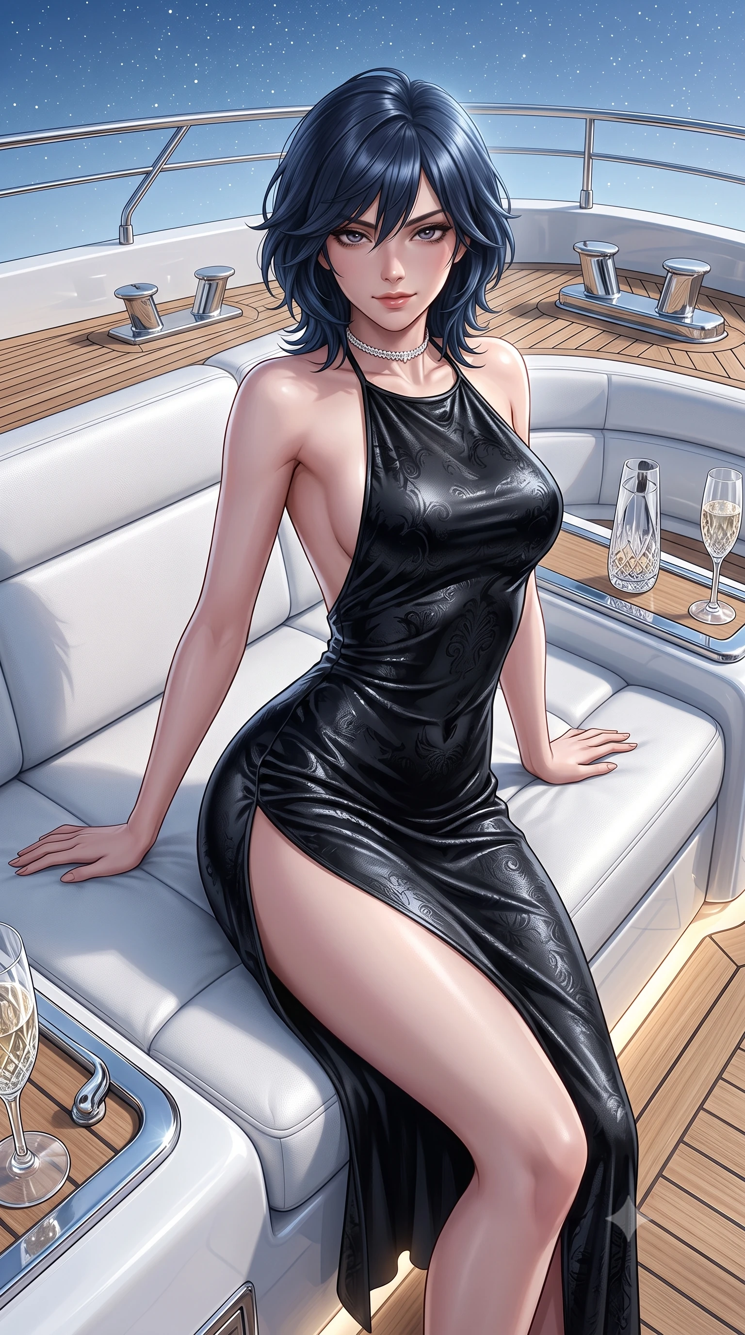 score_9, masterpiece, best quality, ultra-detailed, high-budget anime keyframe, editorial fashion photography, tasteful artistic composition, Caucasian woman. close-up cowboy shot from the waist and thighs up, the character dominates the composition, filling the frame with her large presence. leaning forward over the counter while arching her lower back to accentuate her curvy hips, looking into the lens with a dangerous smoldering half-smile and bedroom-eyes while reclining across an expansive white leather aft sunpad under the open starry sky, arching her spine with effortless sensual charisma. The surrounding environment is rendered in vivid detail and crisp panoramic clarity. sharp marine-grade teak deck seams, polished mirror-finish chrome fittings, and crystal champagne glass facets in deep focus. She has an exceptionally elegant, slender, and willowy female figure with an ultra-slim waist, flat toned midriff, narrow ribcage, and sculpted feminine hips creating an alluring, slim hourglass silhouette without bulk. sharp v-shaped jawline, high-bridge nose, intricate jewel-like dark sparkling eyes with dangerous depth, thick curled eyelashes, glossy parted lips with a rich wine sheen, smoldering seductive half-smile with bedroom-eyes, exuding effortless superiority and intoxicating dark allure, flawlessly proportioned anatomical accuracy, strict slender model proportions, natural body alignment, perfectly sculpted long slender limbs, ultra-slim waistline, clean dynamic posture without body distortion. wearing a backless liquid jet-black halter slip dress with a thigh-high side slit ascending to the high hip in pure obsidian monochrome with subtle metallic sheen, tailored from rich silk jacquard with subtle embossed baroque patterns, finished with a delicate diamond choker catching the chandelier light, the liquid-tight tailored fabric clinging flawlessly to her narrow waist and rounded feminine hips, emphasizing every millimeter of her sculpted slim hourglass curves without any bulky heaviness. illuminated by subtle jacuzzi underglow and sharp platinum rim lights carving her sculpted collarbones, ultra-slim waist, and curvy hips. ultra-reflective glossy finish, specular highlights, rich textural contrasts, high-contrast stereoscopic depth, volumetric dynamic lighting, 2k, ultra detail, master piece, 9:16 ratio