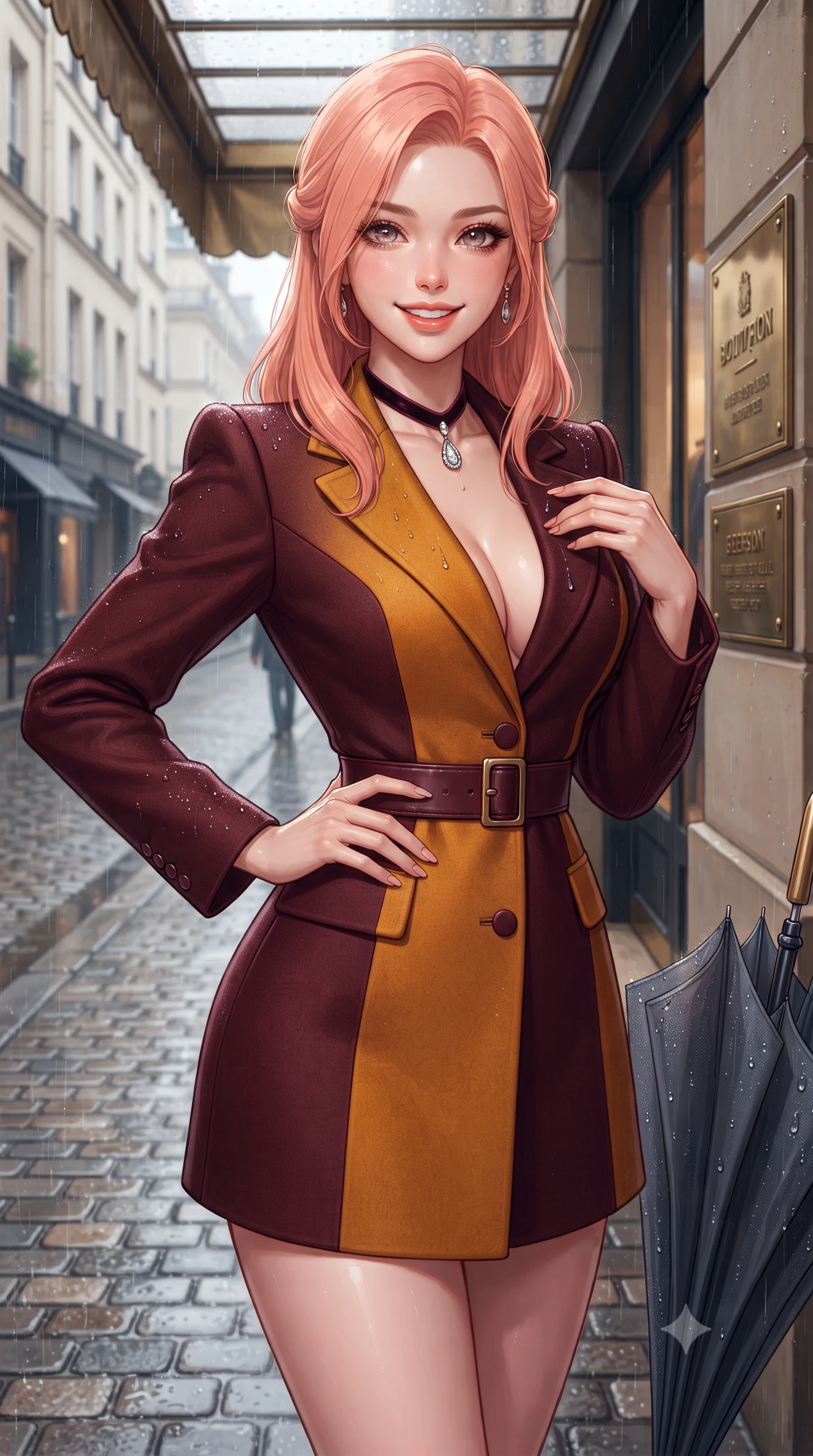 score_9, masterpiece, best quality, ultra-detailed, high-budget anime keyframe, editorial fashion photography, tasteful artistic composition, Japanese woman. close-up cowboy shot from the waist and thighs up, the character dominates the composition, filling the frame with her large presence. standing poised with hips cocked slightly to the side, one hand tracing her cinched waistline while casting an affectionate warm glance while sheltering under the brass-trimmed boutique portico, brushing a raindrop from her lapel with effortless sartorial elegance. The surrounding environment is rendered in vivid detail and crisp panoramic clarity: sharp cobblestone pavement textures, fine water droplets beading on umbrella fabric, and brass shopfront plaques in deep focus. She has an exceptionally elegant, slender, and willowy female figure with an ultra-slim waist, flat toned midriff, narrow ribcage, and sculpted feminine hips creating an alluring, slim hourglass silhouette without bulk. sharp v-shaped jawline, high-bridge nose, intricate jewel-like sparkling eyes with depth, thick eyelashes, glossy parted lips with a natural peach sheen, bright cheerful beaming smile with an enchanting and coquettish sensual glint, exuding both youthful cute charm and seductive allure, flawlessly proportioned anatomical accuracy, strict slender model proportions, natural body alignment, perfectly sculpted long slender limbs, ultra-slim waistline, clean dynamic posture without body distortion. wearing a bespoke hourglass-tailored wool blazer dress with structured shoulders and a deeply cinched belt, highlighting her sculpted feminine hips in rich Oxford burgundy and golden amber, crafted from buttery-soft stretch lambskin leather adhering to her body like a second skin, finished with a narrow velvet neck ribbon and a sparkling teardrop crystal pendant, the body-conscious tailored knit hugging her sculpted torso and curvaceous hips in a seamless, fluid line that highlights her statuesque model proportions. illuminated by wet pavement specular reflections and crisp silver-amber rim lights accentuating her tall slender frame and cheekbones. ultra-reflective glossy finish, specular highlights, rich textural contrasts, high-contrast stereoscopic depth, volumetric dynamic lighting, 2k, ultra detail, master piece, 9:16 ratio