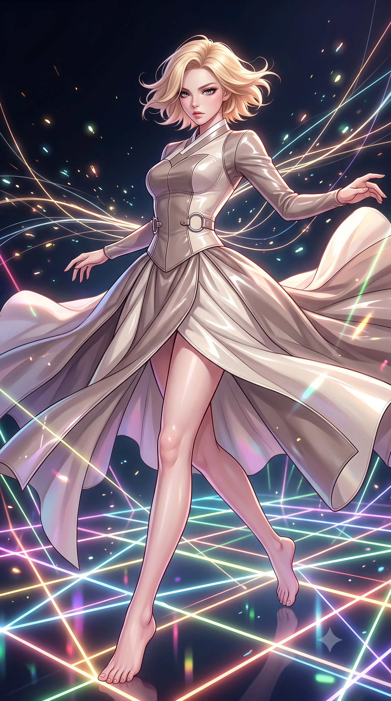 score_9, masterpiece, best quality, ultra-detailed, high-budget anime keyframe, editorial fashion photography, tasteful artistic composition, Caucasian woman. low angle full-body shot from head to toe showing her feet, filling the entire 9:16 vertical frame with her statuesque presence, stretching her vertical silhouette. pivoting dynamically in zero-gravity with fluid body alignment, displaying her perfect model proportions while leaping across a geometric light matrix with glowing filament threads fluttering behind her, glowing fiber optic motes drifting like fireflies in the dark background. She has an absolutely perfect, statuesque 8.5-heads proportion, an exceptionally tall and slender model-like female figure with impossibly long slender legs and an ultra-slim waist. sharp v-shaped jawline, high-bridge nose, intricate jewel-like eyes with depth, thick eyelashes, glossy lips with a natural sheen, flawlessly proportioned anatomical accuracy, natural body alignment, perfectly sculpted elegant limbs, clean dynamic posture without body distortion. wearing a modern fusion silk hanbok dress with a structured bodice and flowing skirt in muted taupe and soft ivory, tailored from high-gloss patent leather, accented with delicate chrome ring hardware framing her waist, the glove-like fit emphasizing her statuesque silhouette during motion. bathed in sharp geometric laser grid highlights and soft ambient fill. highly saturated vibrant anime colors, detailed shading with soft gradients, rich glossy textures, high-contrast stereoscopic depth, volumetric dynamic lighting, master piece, 9:16 ratio