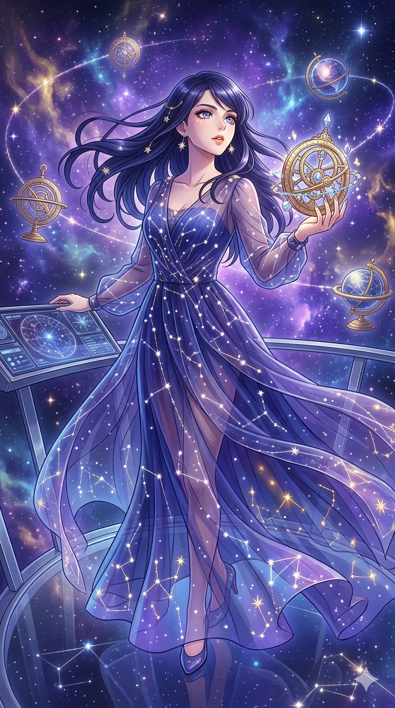 score_9, masterpiece, best quality, ultra-detailed, high-budget anime keyframe, an incredibly beautiful Japanese woman. Dynamic low angle cowboy shot filling the entire 9:16 frame with her statuesque presence. She is a celestial navigator charting the stars. Her figure boasts an absolutely perfect 8-heads proportion, an exceptionally tall and slender build emphasizing a delicate skinny aesthetic. Her face is a highly detailed masterpiece featuring a sharp v-shaped jawline, high-bridge nose, intricate jewel-like eyes, thick eyelashes, and glossy lips. She is wearing a sheer fabric gown adorned with glowing constellations. A breathtaking view of a vibrant purple nebula and floating astrolabes., 2k, ultra detail, master piece, 9:16 ratio