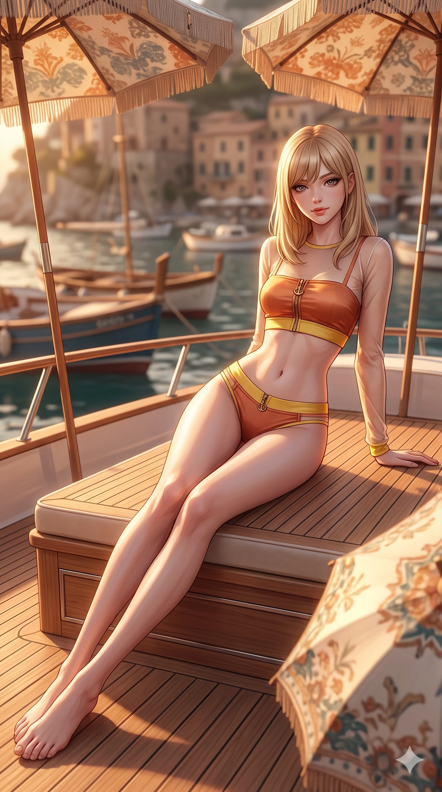 score_9, masterpiece, best quality, ultra-detailed, high-budget anime keyframe, semi-realistic 3D game render, editorial fashion photography, tasteful artistic composition, Japanese woman. low angle full-body shot from head to toe showing her feet, filling the entire 9:16 vertical frame with her statuesque presence, stretching her vertical silhouette. reclining gracefully across the yacht teak sunpad with one leg extended, her sculpted silhouette and flat midriff radiating magnetic nocturnal glamour while twisting her slender torso in an alluring contrapposto stance between vintage parasol poles, warm coastal speculars glinting off her flat midriff and hips. The background shows a soft-focus wooden fishing skiffs softened in picturesque Italian coastal shallow focus. She has an absolutely perfect, statuesque 8.5-heads proportion, an exceptionally tall and slender model-like female figure with impossibly long slender legs, an ultra-slim waist, a flat toned midriff, narrow delicate ribcage, and beautifully sculpted feminine hips creating a graceful, slim hourglass silhouette without any bulky heaviness. sharp v-shaped jawline, high-bridge nose, sparkling eyes with hypnotic seductive depth, thick curled eyelashes, glossy parted lips with a natural dewy peach sheen, alluring bedroom-eyes with an enchanting coquettish smile, exuding magnetic siren charisma and sophisticated glamour, flawlessly proportioned anatomical accuracy, strict slender model proportions, natural body alignment, perfectly sculpted long slender limbs, ultra-slim waistline, clean dynamic posture without body distortion. wearing a sheer gossamer mesh long-sleeve rashguard crop top layered over an opaque strappy bandeau and low-waisted briefs in sun-kissed terracotta and Amalfi lemon yellow, tailored from smooth liquid silk satin that clings smoothly to her narrow waist and rounded hips with a dewy sheen, finished with sleek heavy-duty brass anchor zip pulls and nautical hardware, the form-contouring cut accentuating her sculpted flat midriff, narrow delicate ribcage, and gracefully curvy hips with intoxicating allure. illuminated by parasol shadow gradients and sharp golden-peach rim lights defining her razor-sharp jawline, narrow waist, and curvy hips. highly saturated vibrant anime colors, detailed shading with soft gradients, rich glossy textures, high-contrast stereoscopic depth, volumetric dynamic lighting, master piece, 9:16 ratio