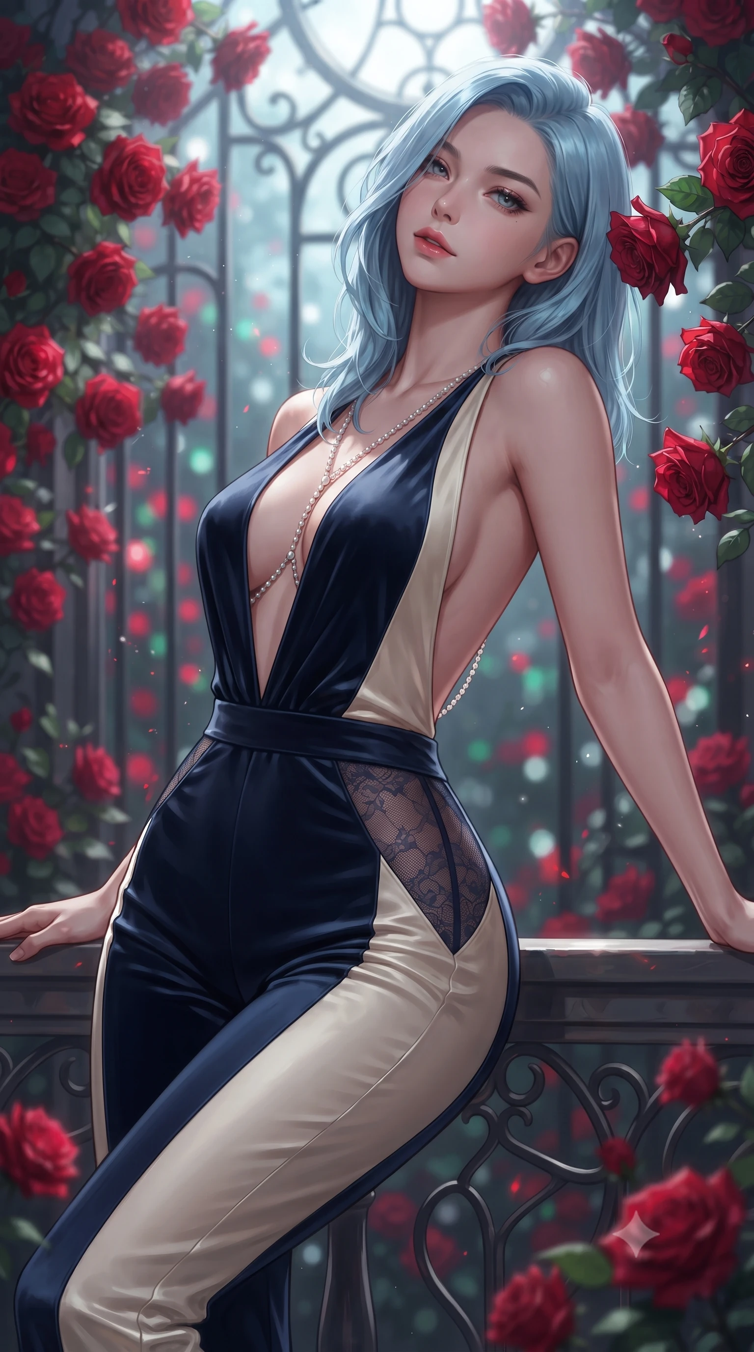 score_9, masterpiece, best quality, ultra-detailed, high-budget anime keyframe, editorial fashion photography, tasteful artistic composition, Korean woman. close-up cowboy shot from the waist and thighs up, the character dominates the composition, filling the frame with her large presence. leaning back against the balustrade with relaxed seductive grace, head tilted back slightly while casting a hypnotic, heavy-lidded gaze while leaning against the wrought-iron conservatory ribbing with hips cocked back, looking through tangled red roses with an irresistible bedroom-gaze. The background shows a soft-focus cascading clusters of velvety blood-red roses, wrought-iron traceries, and moonlit glass panes blurred into crimson, emerald, and silver bokeh. She has an exceptionally elegant, slender, and willowy female figure with an ultra-slim waist, flat toned midriff, narrow ribcage, and sculpted feminine hips creating an alluring, slim hourglass silhouette without bulk. sharp v-shaped jawline, high-bridge nose, sparkling eyes with hypnotic seductive depth, thick curled eyelashes, glossy parted lips with a natural dewy peach sheen, alluring bedroom-eyes with an enchanting coquettish smile, exuding magnetic siren charisma and sophisticated glamour, flawlessly proportioned anatomical accuracy, strict slender model proportions, natural body alignment, perfectly sculpted long slender limbs, ultra-slim waistline, clean dynamic posture without body distortion. wearing a backless plunge-front second-skin velvet jumpsuit with fluid tapered legs and sheer lace hip inserts in dual-tone high-contrast avant-garde monochrome, crafted from fluid liquid silk satin that clings smoothly to every curve with a dewy sheen, accented with a pearl-drop body harness subtly framing her dewy collarbones and spine, the second-skin tailored fabric adhering flawlessly to her sculpted flat midriff and slender torso, emphasizing her long leg lines and perfectly proportioned willowy build. bathed in pure lunar illumination streaming through glass panes mixed with deep red stained-glass refractions. ultra-reflective glossy finish, specular highlights, rich textural contrasts, high-contrast stereoscopic depth, volumetric dynamic lighting, 2k, ultra detail, master piece, 9:16 ratio